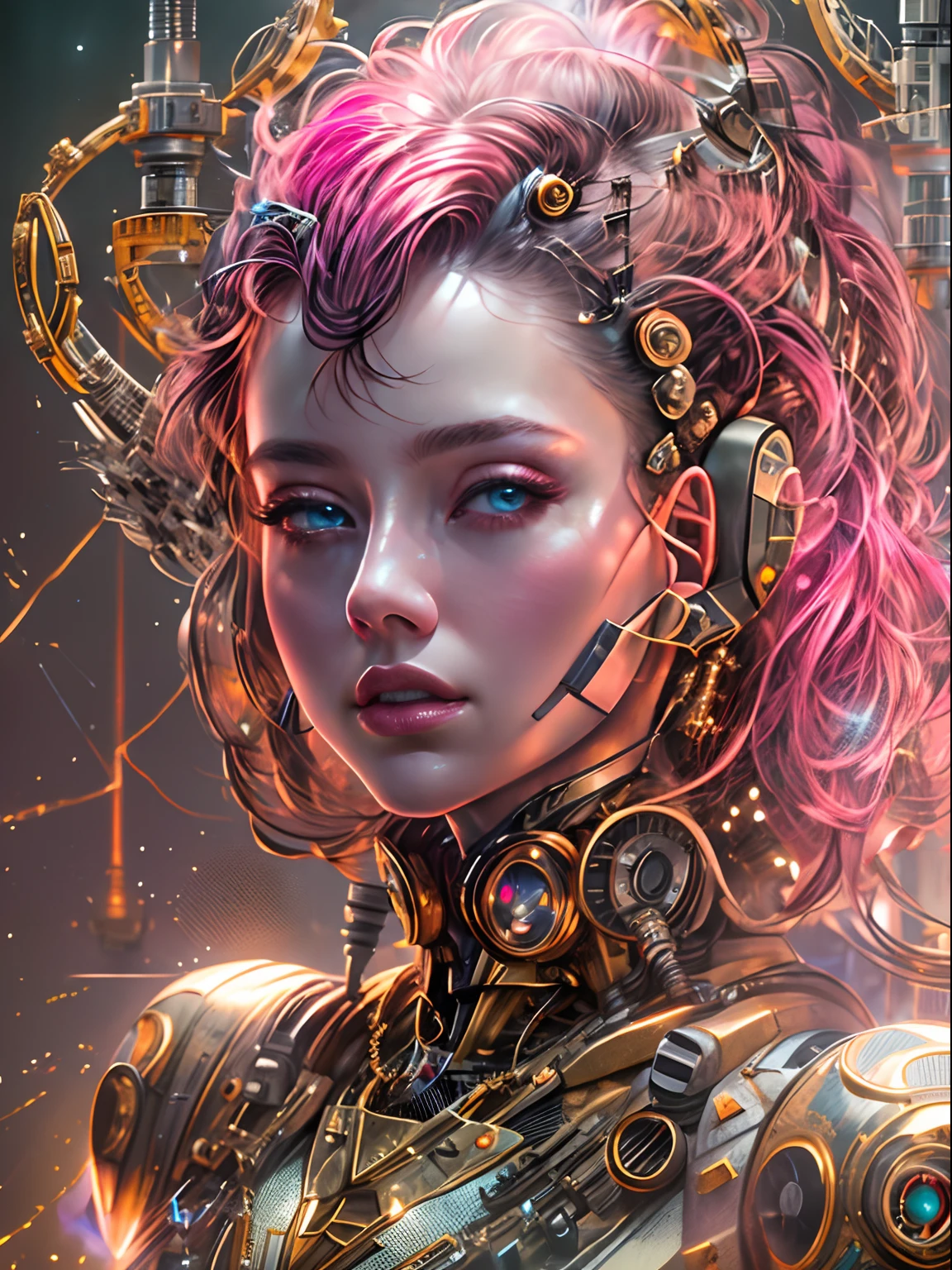 (masterpiece, CGI:1.4), (rendering of a feminine-looking robot with intricate metallic composition:1.2), (her body comprised of countless intricate metal parts:1.1), (her head designed with human-like features:1.1), (her hair a vibrant shade of pink, complementing her robotic nature:1.2), (her eyes a mesmerizing shade of pink, emitting a futuristic glow:1.3), (created with cutting-edge CGI technology:1.1), (crafted to perfection with attention to every detail:1.1), (positioned within a state-of-the-art scientific laboratory:1.1), (surrounded by advanced equipment and monitors:1.1), (the soft illumination of the laboratory lights emphasizing her metallic complexion:1.1), (capturing the delicate intricacies of her metallic body and the vivid hues of her hair and eyes:1.1), (the fusion of human-like elements and mechanical design creating a visually captivating contrast:1.1), (the robot's presence evoking a sense of awe and fascination:1.1), (an image that embodies the union of technology and humanity:1.1), Cinematic, Hyper-detailed, insane details, Beautifully color graded, Unreal Engine, DOF, Super-Resolution, Megapixel, Cinematic Lightning, Anti-Aliasing, FKAA, TXAA, RTX, SSAO, Post Processing, Post Production, Tone Mapping, CGI, VFX, SFX, Insanely detailed and intricate, Hyper maximalist, Hyper realistic, Volumetric, Photorealistic, ultra photoreal, ultra-detailed, intricate details, Super detailed, Full color, Volumetric lightning, HDR, Realistic, Unreal Engine, 16K, Sharp focus, Octane render