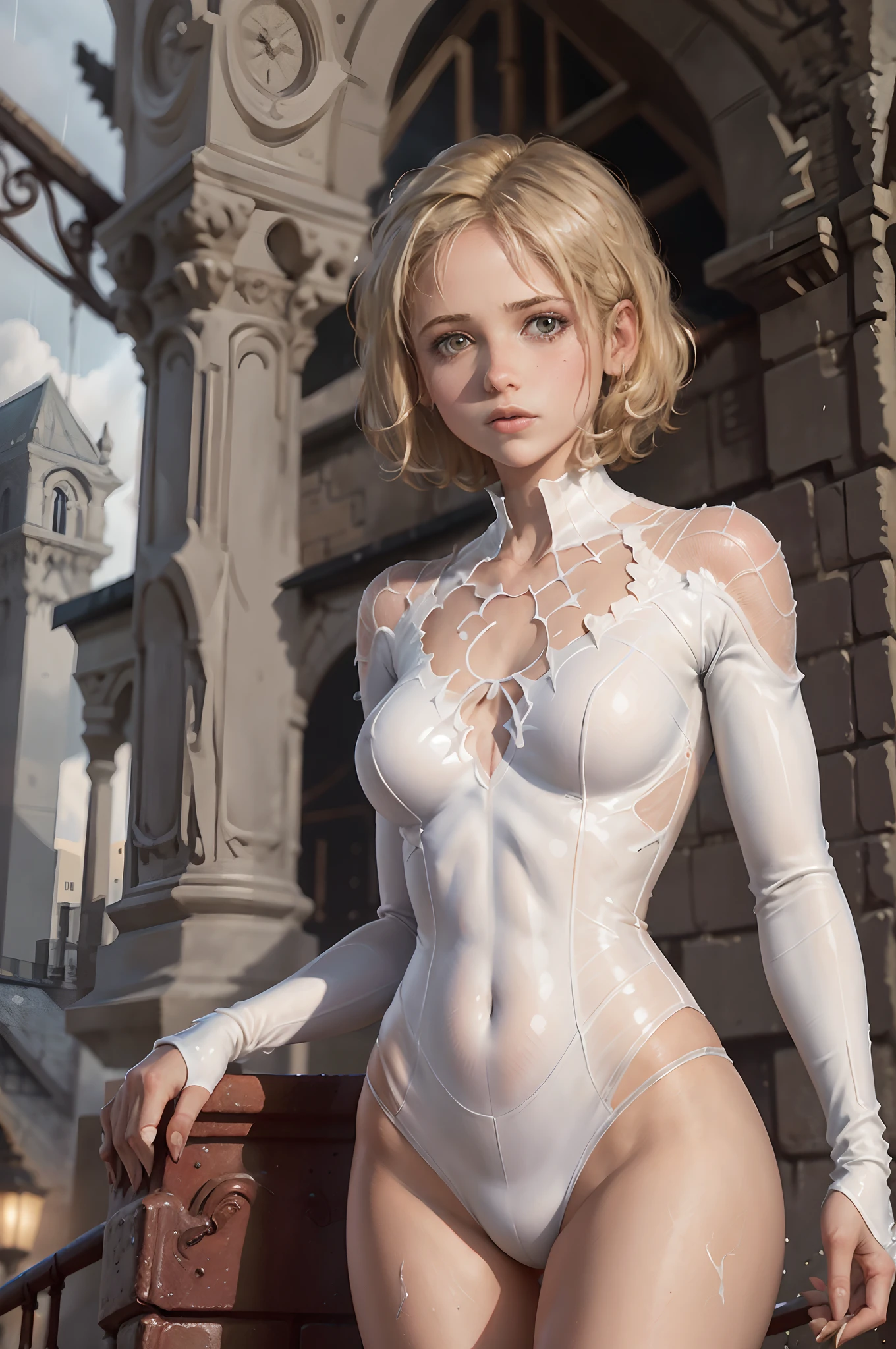 18 yo girl, white spider man suit, short blunt hair, blonde, beautiful face, rain, roof, masterpiece, intricate detail, perfect anatomy