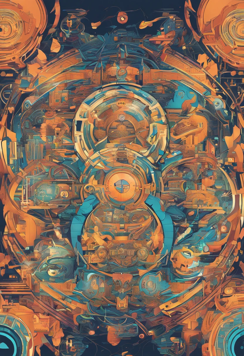 Think of a world marked by the merging of human beings with artificial intelligence and cryptocurrency technology. An abstract world in which humans appear fused with artificial intelligence and machines with the symbols of Ethereum and Bitcoin. Highly technological world, rich in intricate detail and ultra-high resolution Full HD in 8K, 4k