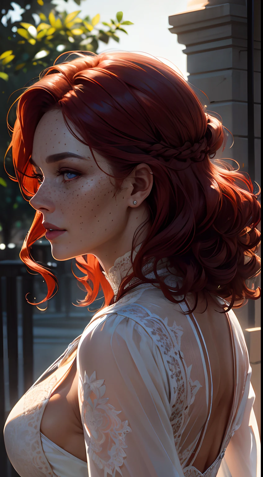 (Detailed face features:1.3), (((1mature woman))), standing wearing a long dress, (looking to the side, three-quarter posture, close-up photo, face picture), (3/4 pose, side view:1.5), dynamic pose, face photo, 16k, masterpiece, best quality: 1.2), (high detailed skin), (curly red hair), ((freckles, delailed eyes, detailed lips)), slim, automatic white balance, (ultra realism, hyper detailed and intricate realism: 1.3), (wide depth of field, radiant mapping: 1.2), High dynamic range, vivid, rich details, clear shadows and highlights, realistic, intense, enhanced contrast, clear outdoor,