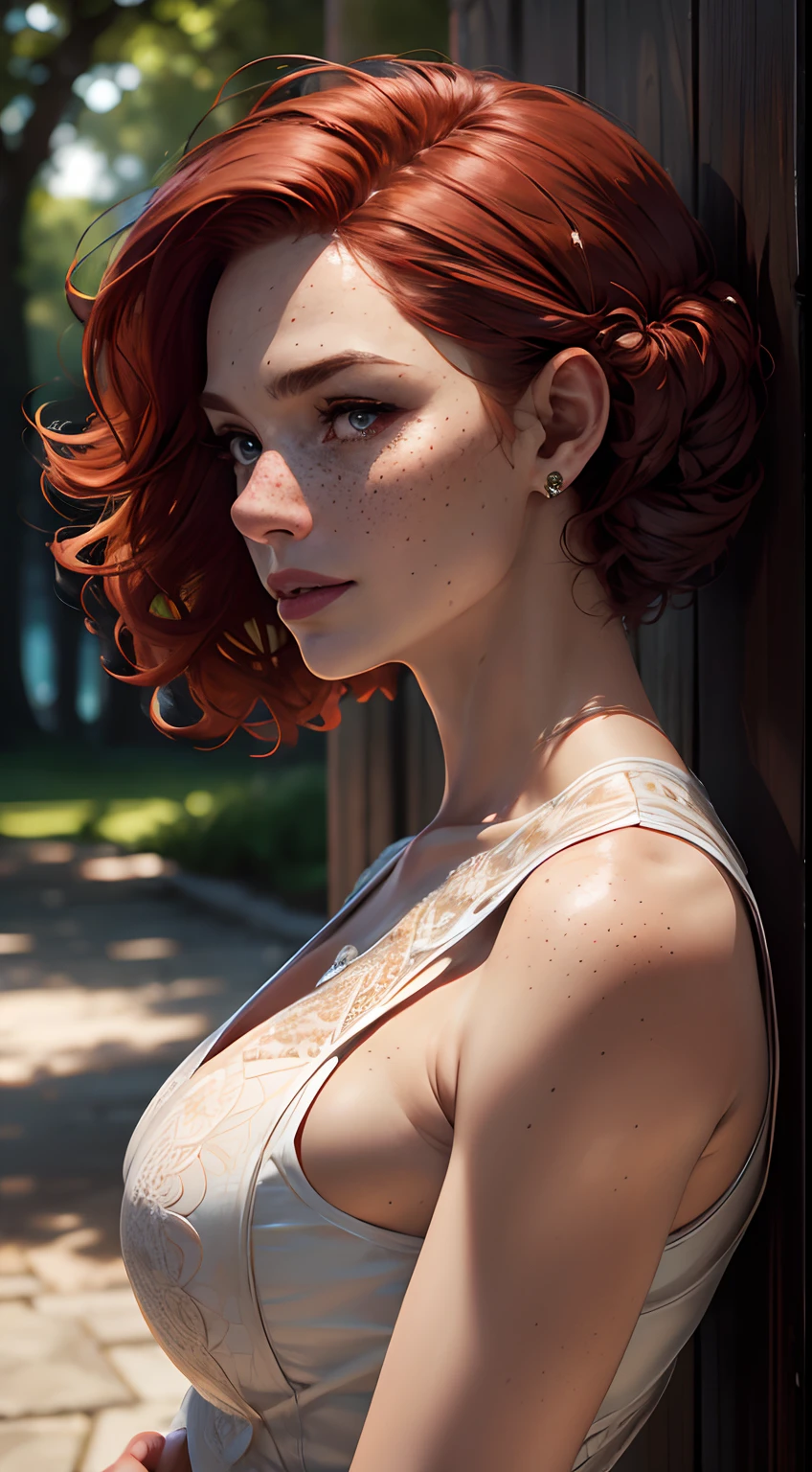 (Detailed face features:1.3), (((1mature woman))), standing wearing a long dress, (looking to the side, three-quarter posture, close-up photo, face picture), (3/4 pose, side view:1.5), dynamic pose, face photo, 16k, masterpiece, best quality: 1.2), (high detailed skin), (curly red hair), ((freckles, delailed eyes, detailed lips)), slim, automatic white balance, (ultra realism, hyper detailed and intricate realism: 1.3), (wide depth of field, radiant mapping: 1.2), High dynamic range, vivid, rich details, clear shadows and highlights, realistic, intense, enhanced contrast, clear outdoor,
