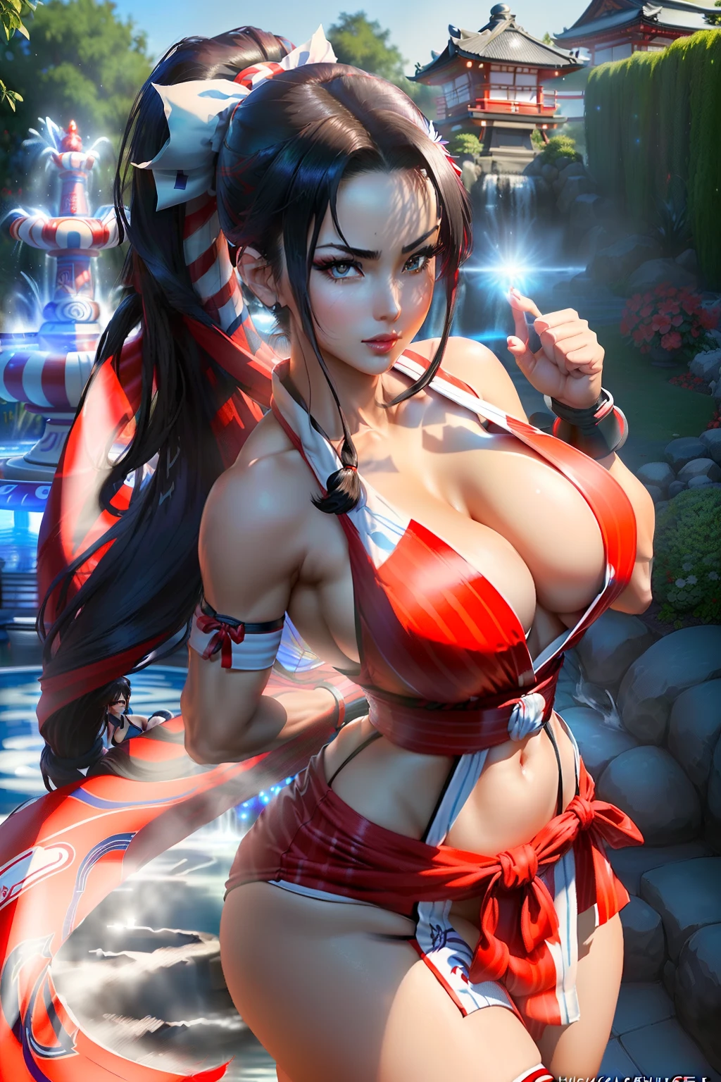 ((Mai shiranui from king of fighters series)) (beautiful face)(big glowing blue eyes)(red lips) ((very long black pony tail hairstyle)) ((very huge breasts) (perfect slim body) ((wears sexy red dress with white stripes prints)), (shinnobi gauntlets, stocking) ((big fabric strap around waist)) (posing sexy alongside lotto fountain garden) ((hold japanese fan on hand)) (high definition, amazing lights and shadows) ((masterpiece)) (8k) (perfect face) (ultra details) (perfect hands, eyes, and face) ((fighting pose))