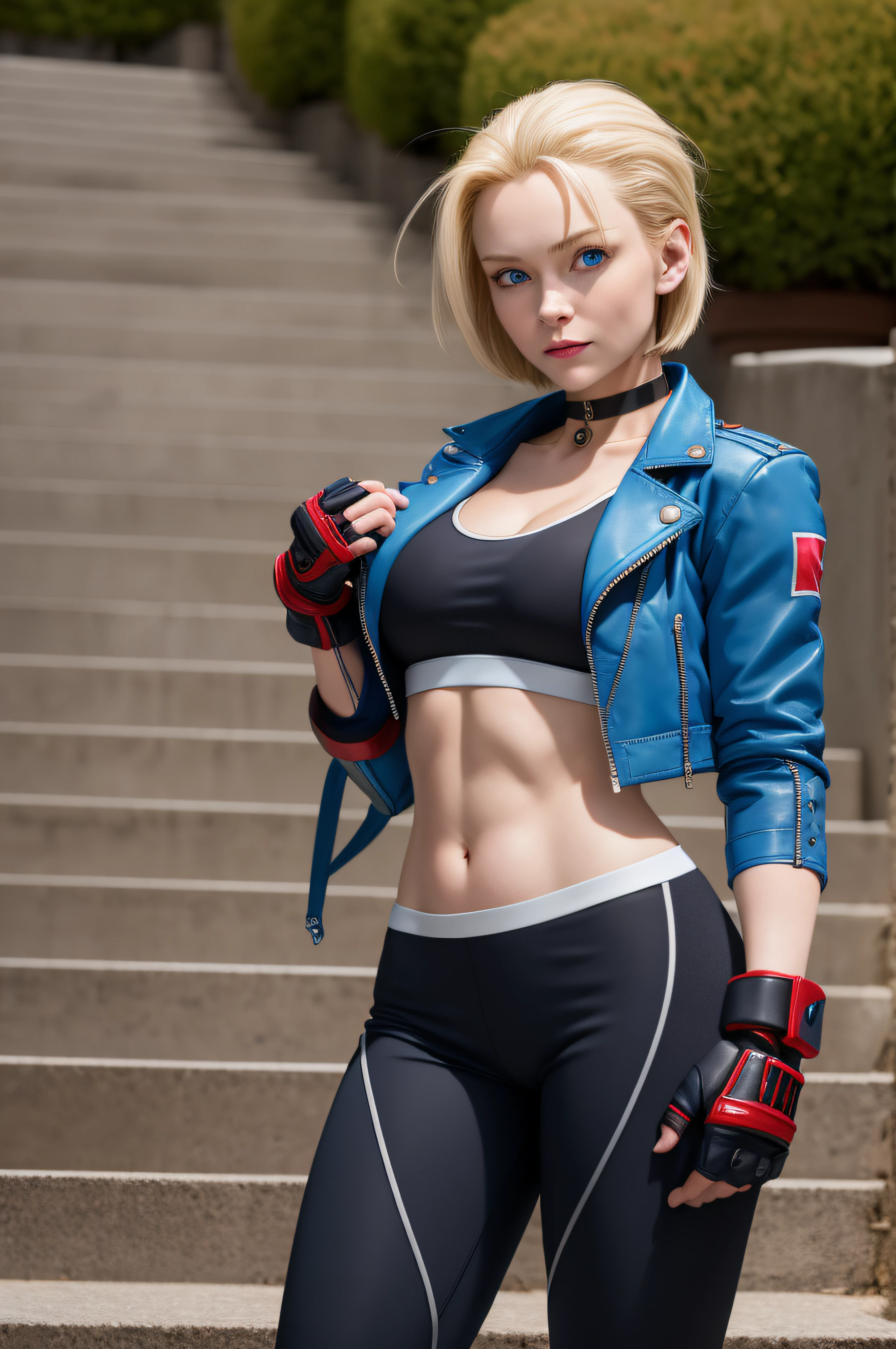 masterpiece, best quality, highres, 1girl, cammy white, short hair, antenna hair, blue eyes, scar on cheek, large breasts, black choker, collarbone, blue jacket, cropped jacket, open jacket, sports bra, midriff, fingerless gloves, black gloves, black pants, standing, cowboy shot, stair, outdoors,