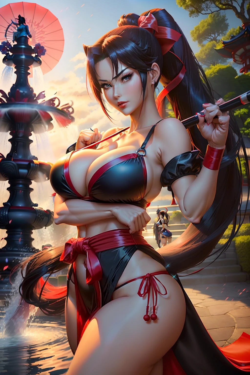 ((Mai shiranui from king of fighters series)) (beautiful face)(big glowing blue eyes)(red lips) ((very long black pony tail hairstyle)) ((very huge breasts) (perfect slim body) ((wears sexy red dress)), (shinnobi gauntlets, stocking) ((big fabric strap around waist)) (posing sexy alongside lotto fountain garden) ((hold japanese fan on hand)) (high definition, amazing lights and shadows) ((masterpiece)) (8k) (perfect face) (ultra details) (perfect hands, eyes, and face) ((fighting pose))