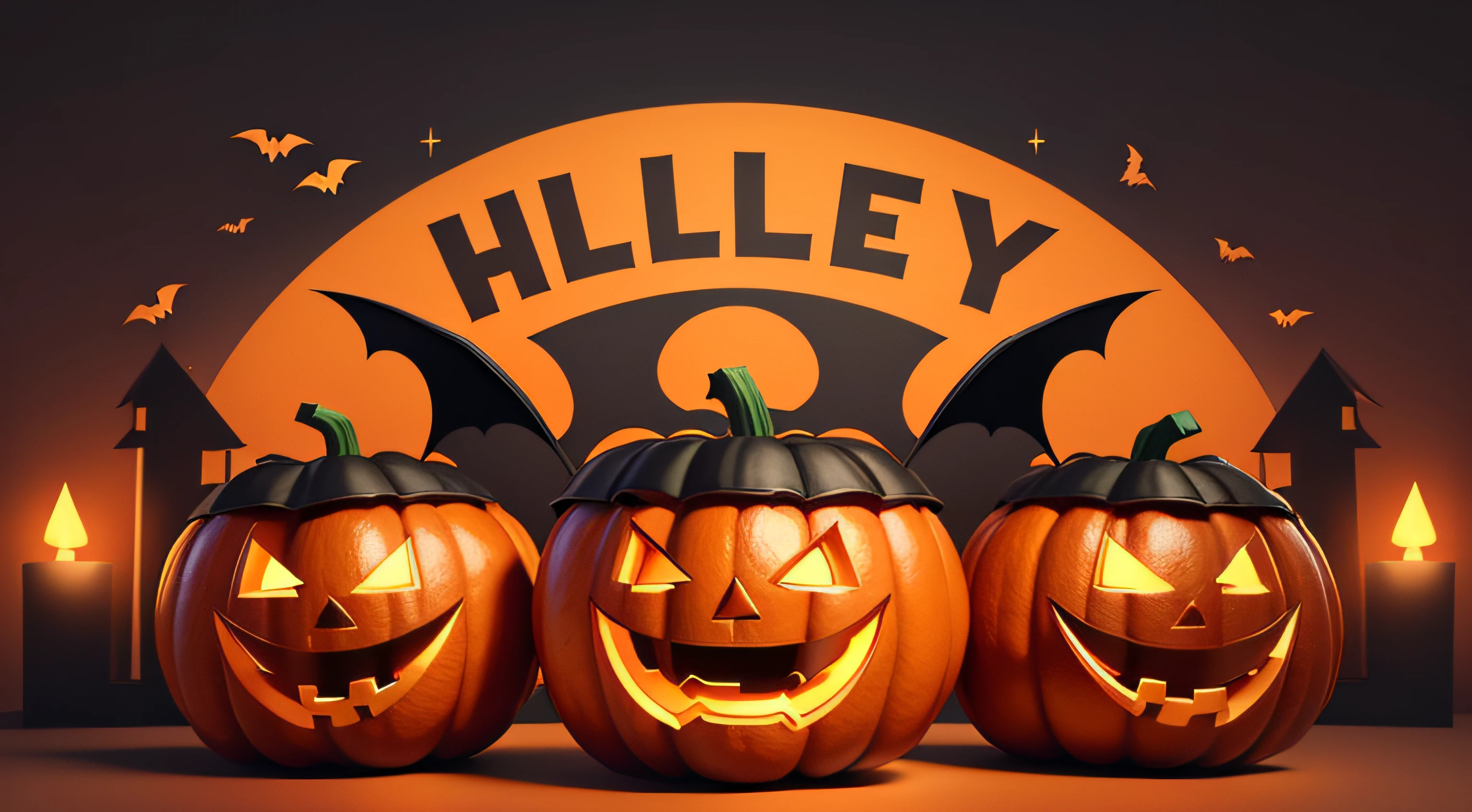Happy Halloween banner. Festive background with realistic 3d black pumpkins with cut scary smile and flying bats. Horizontal holiday poster, header for website. Vector illustration