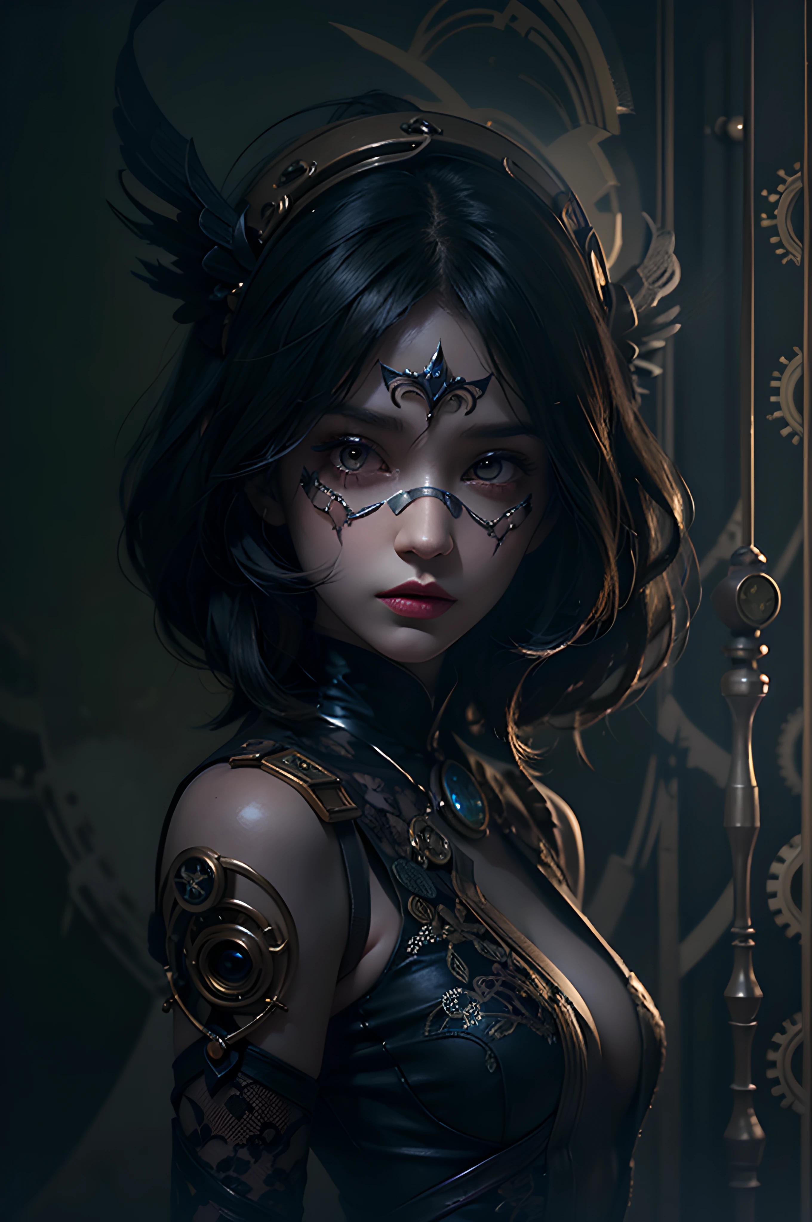 A mysterious figure with dark intricate details and glowing eyes, charming girl, Coming out of the darkness, An atmosphere of eerie anticipation, illustartion, Digital Art, steampunk style, fogy
