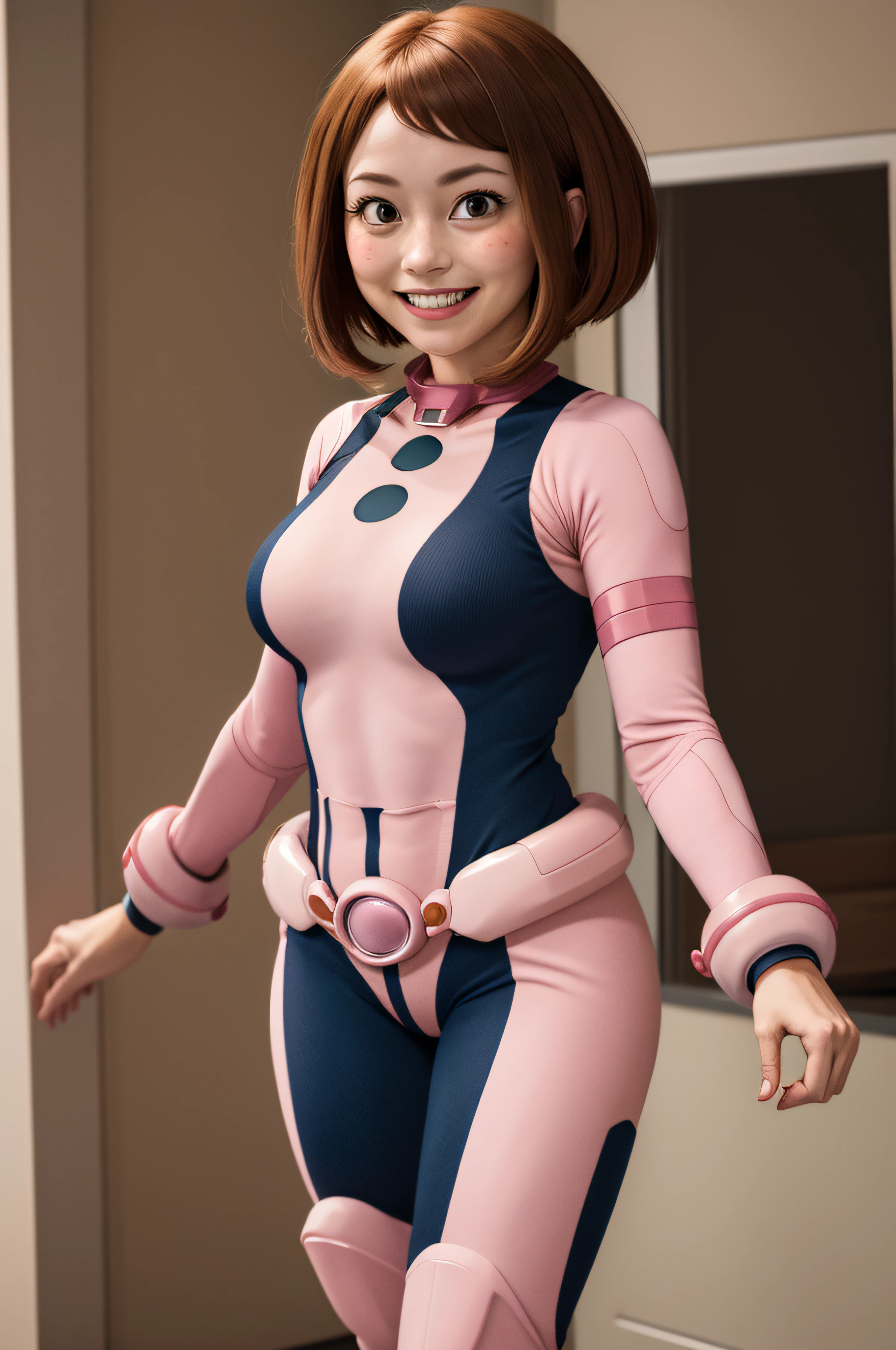 masterpiece, best quality, highres, hmochako, blush stickers, short hair, medium breasts, superhero, bodysuit, cowboy shot, standing, smile,