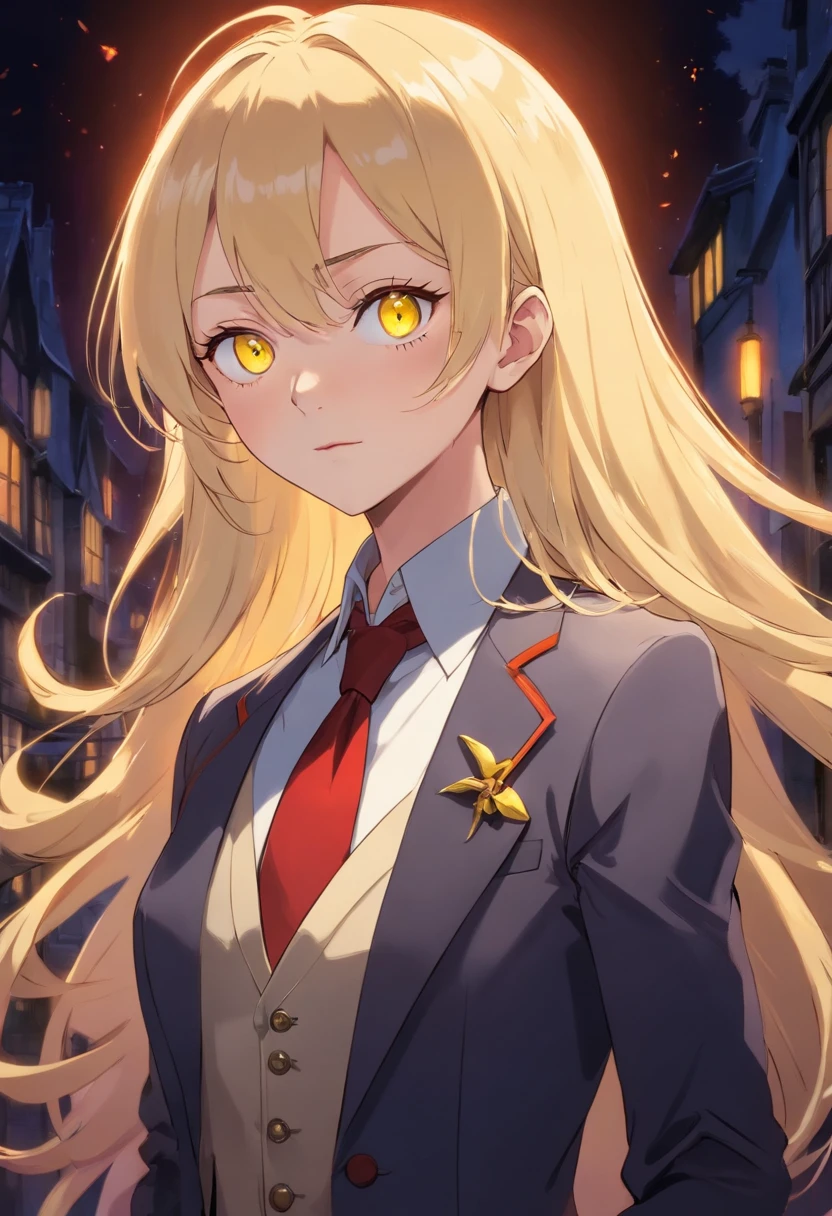 (highres:1.2),anime style,vampire with blonde hair and yellow eyes,suit,detailed facial features,dark and mysterious background,sharp focus,vivid colors,enchanted lighting