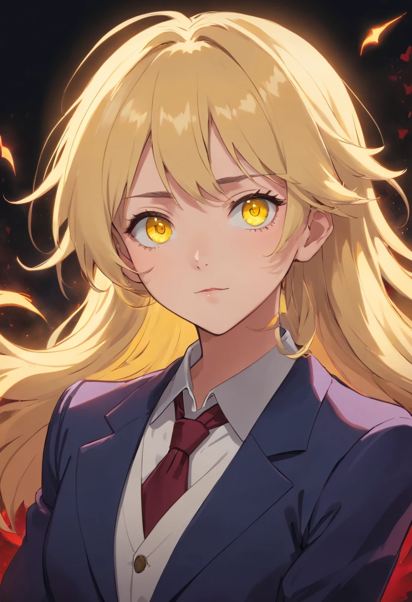 (highres:1.2),anime style,vampire with blonde hair and yellow eyes,suit,detailed facial features,dark and mysterious background,sharp focus,vivid colors,enchanted lighting