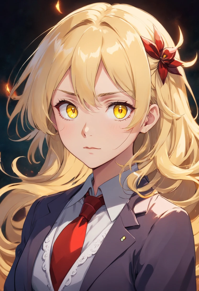 (highres:1.2),anime style,vampire with blonde hair and yellow eyes,suit,detailed facial features,dark and mysterious background,sharp focus,vivid colors,enchanted lighting