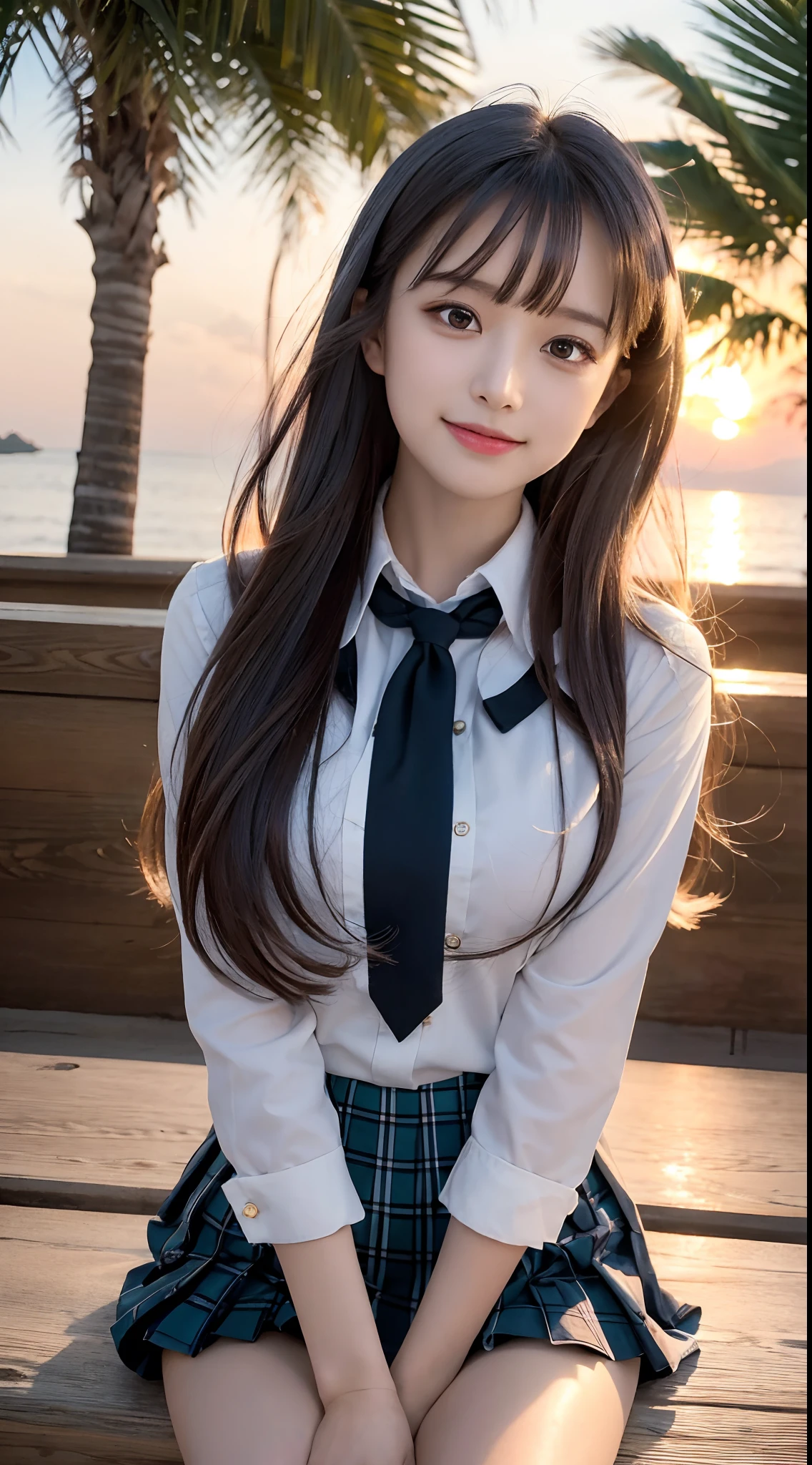 1young girls, Smile embarrassedly, (Highly detailed eyes, Highly detailed hair, Highly detailed face), extremely detailed CG unified 8k wallpaper, Highly detailed, High-definition raw color photos, Professional Photography, Realistic portrait, Cinematic Light, Bangs, (Beautiful breasts), (High school uniform with wide open chest:1.25), (Pleated mini-skirt:1.2), hair blowing in wind, (:1.5), Sitting, Spread your legs wide open, Outdoors, Beach, (Beautiful sunset:1.2), (((Bokeh))), depth of fields, (View from below),