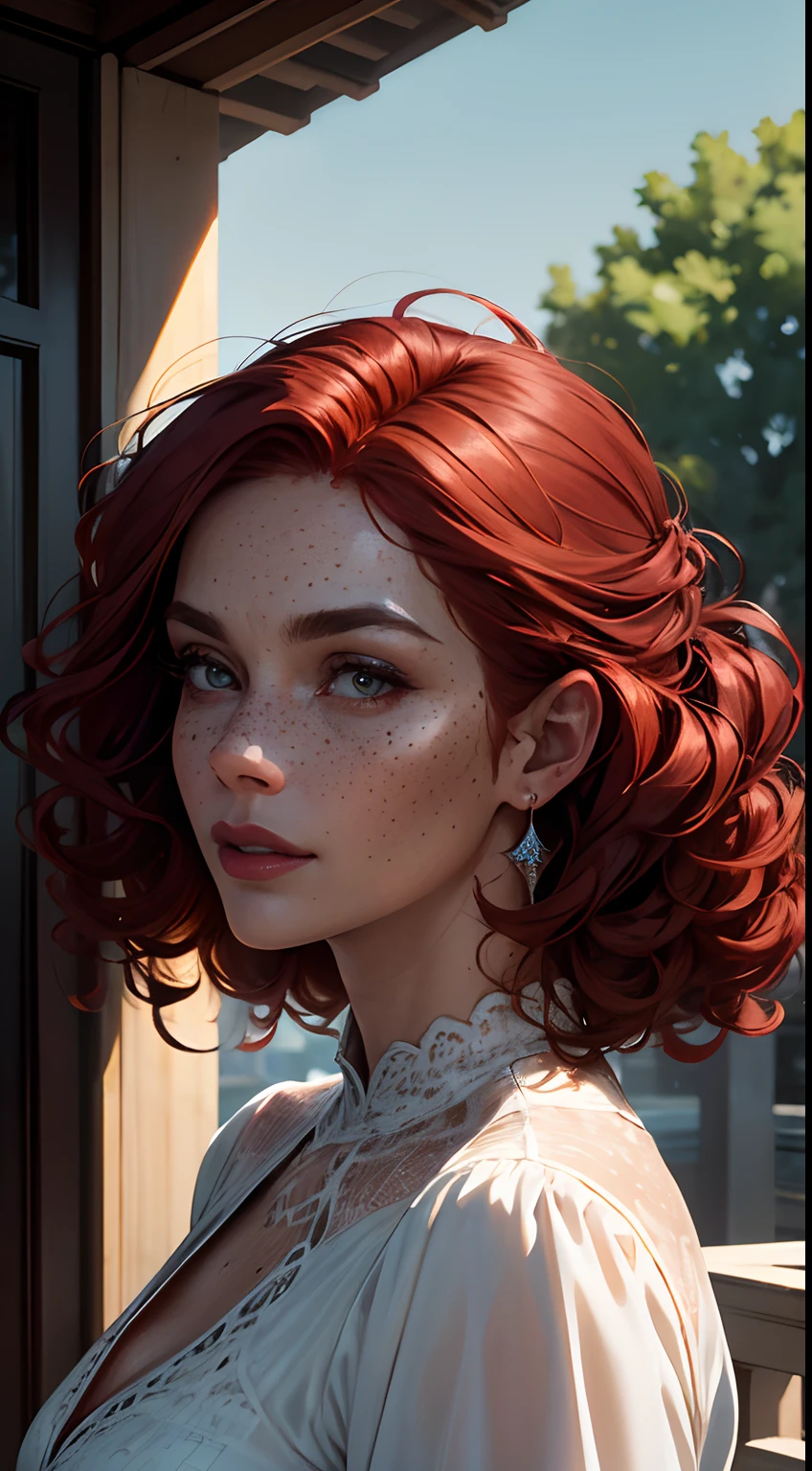 (Detailed face features:1.3), (((1mature woman))), standing wearing a long dress, (looking to the side, three-quarter posture, close-up photo, face picture), (3/4 pose, side view:1.5), dynamic pose, face photo, 16k, masterpiece, best quality: 1.2), (high detailed skin), (curly red hair), ((freckles, delailed eyes, detailed lips)), slim, automatic white balance, (ultra realism, hyper detailed and intricate realism: 1.3), (wide depth of field, radiant mapping: 1.2), High dynamic range, vivid, rich details, clear shadows and highlights, realistic, intense, enhanced contrast, clear outdoor,