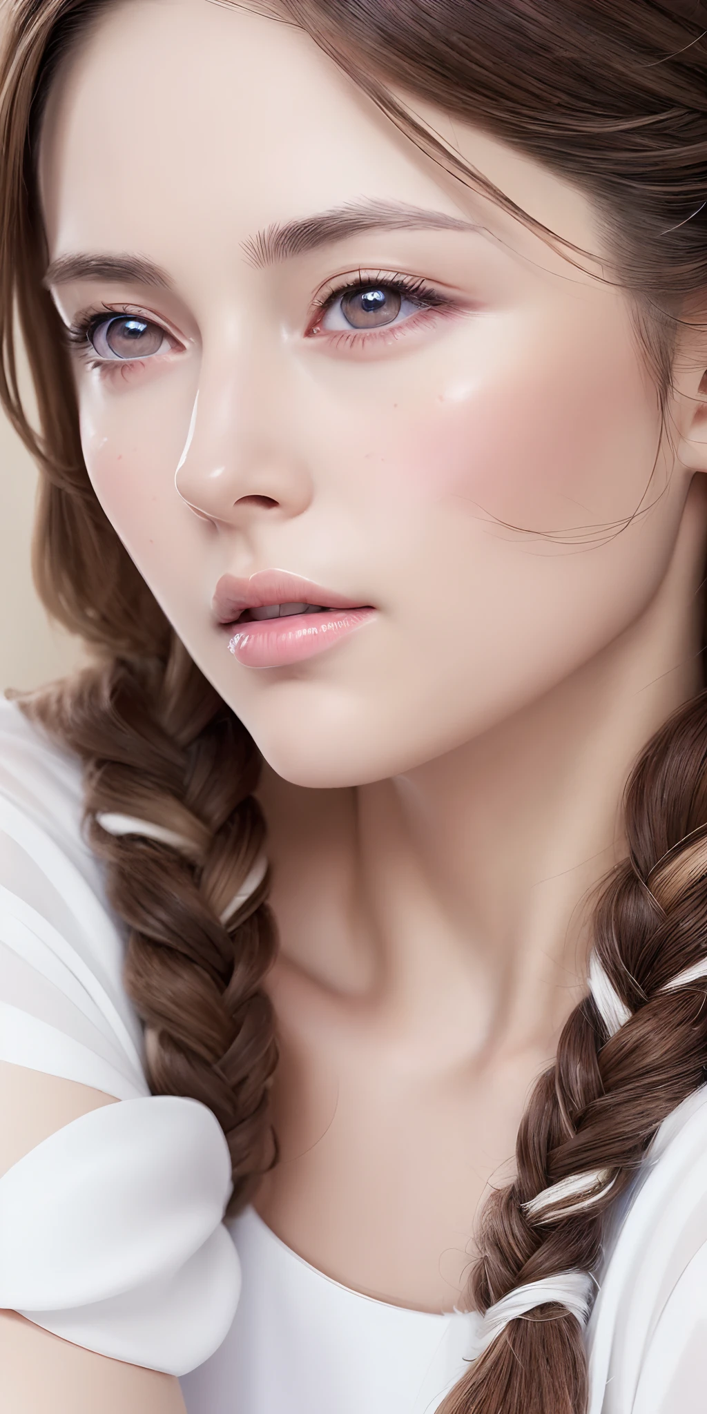 (A high resolution,Ultra-detailed,Realistic:1.37),sportrait,Vivid colors,Beautiful detailed eyes,beautiful detailed lips,Extremely detailed eyes and face,Long hair,Gaze upwards,Upper body,Hair strands,Fair skin,SideBraid,White clothes