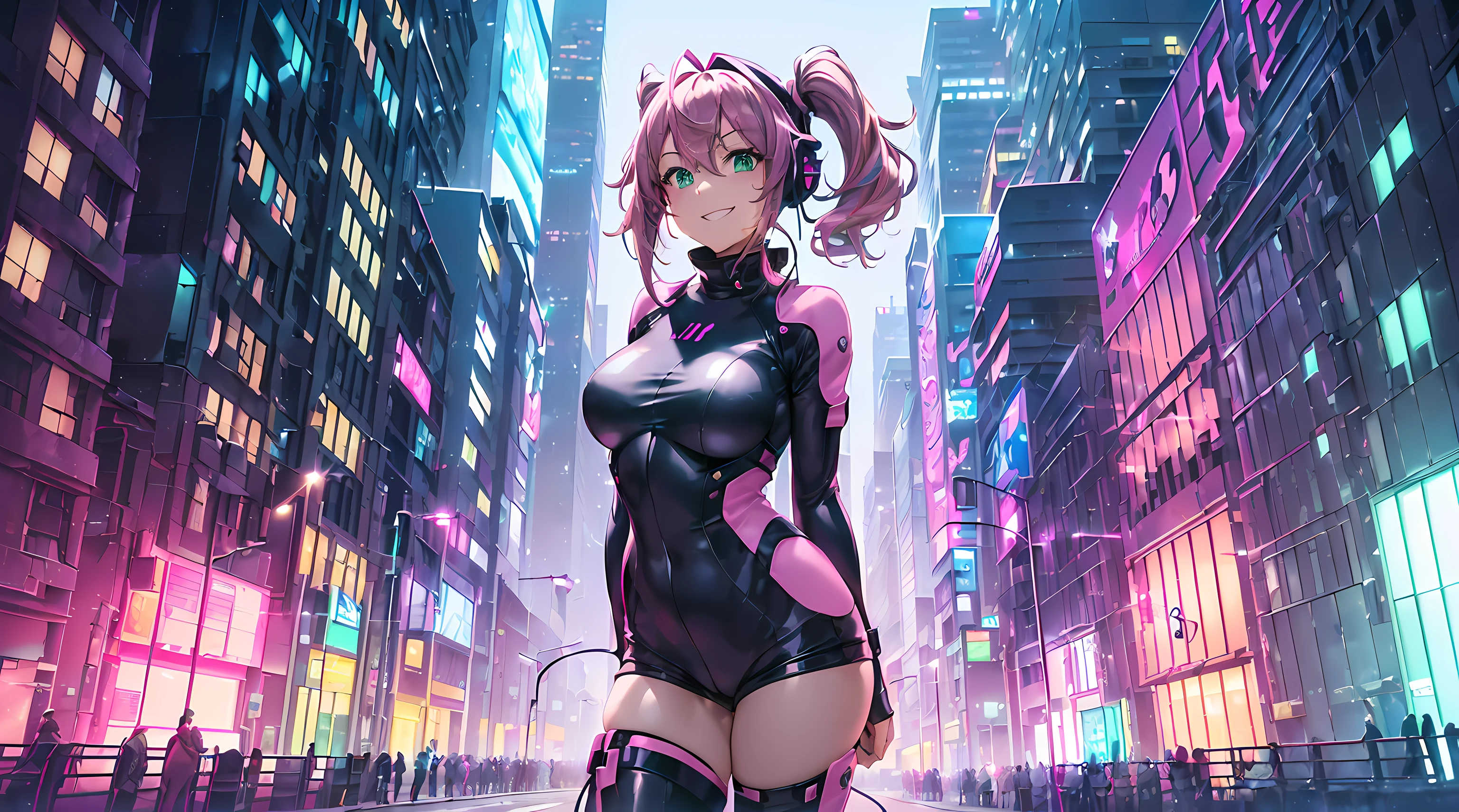 masterpiece, 1girl ((20year old, bodysuit, knee-high boots, medium breasts, multi-color pink hair, twin ponytails, green eyes, flirting, happy, big smile, looking into camera, headphones, standing in the street of a SCI-FI futuristic and modern street, towering skyscrapers, futuristic and energetic atmosphere)) ((nighttime)) ((low camera angle))
