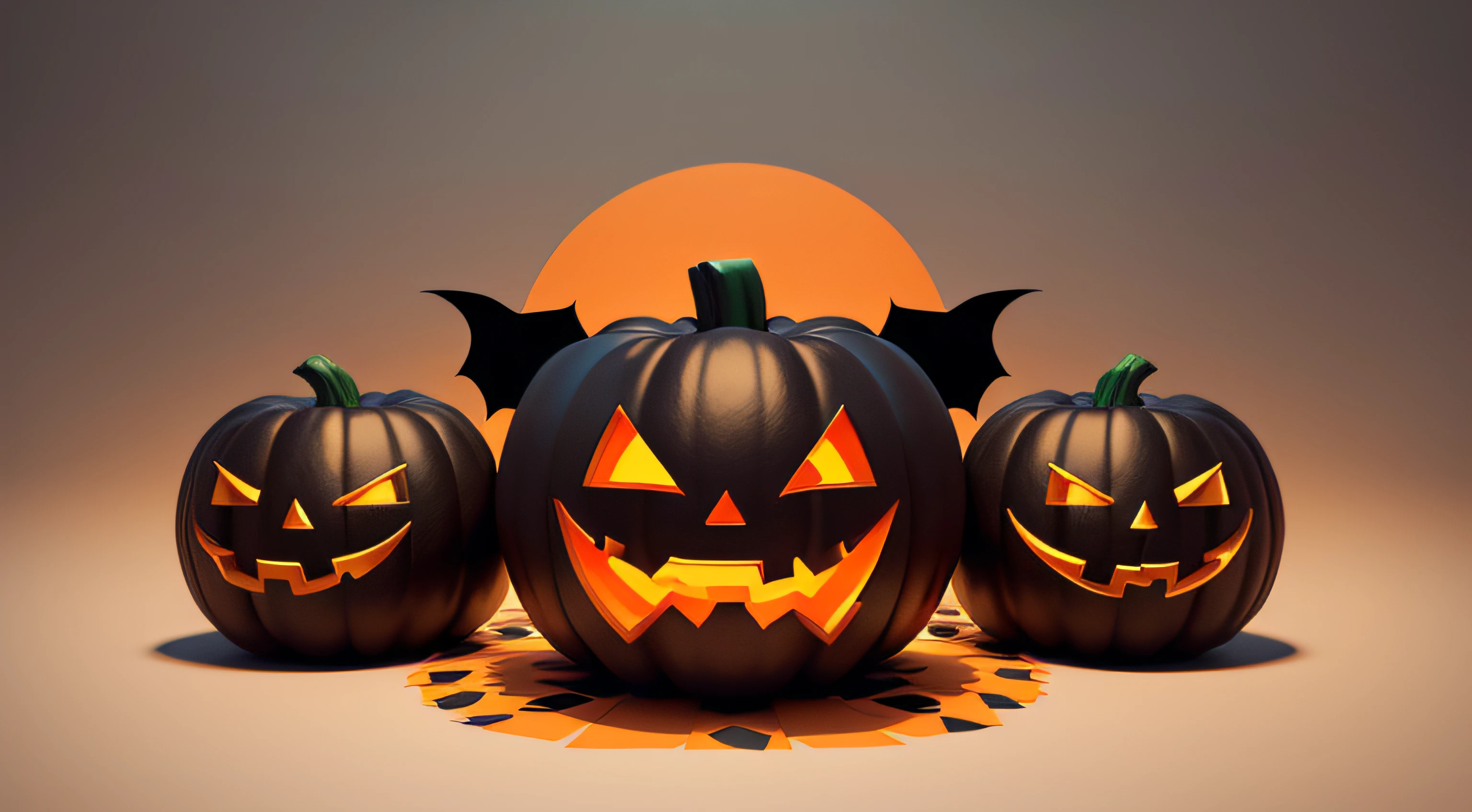 Happy Halloween banner. Festive background with realistic 3d black pumpkins with cut scary smile and flying bats. Horizontal holiday poster, header for website. Vector illustration
