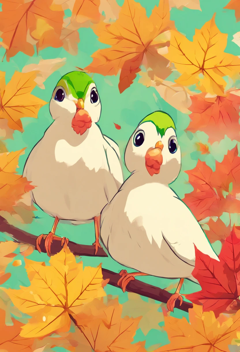 Two super cute white-eyed green birds spread their wings and fly on autumn maple leaves, Vermelho de bordo, flying birds, beautiful scenery, outono, Maples vermelhos voando, Bird Long Shot Tracking Photography