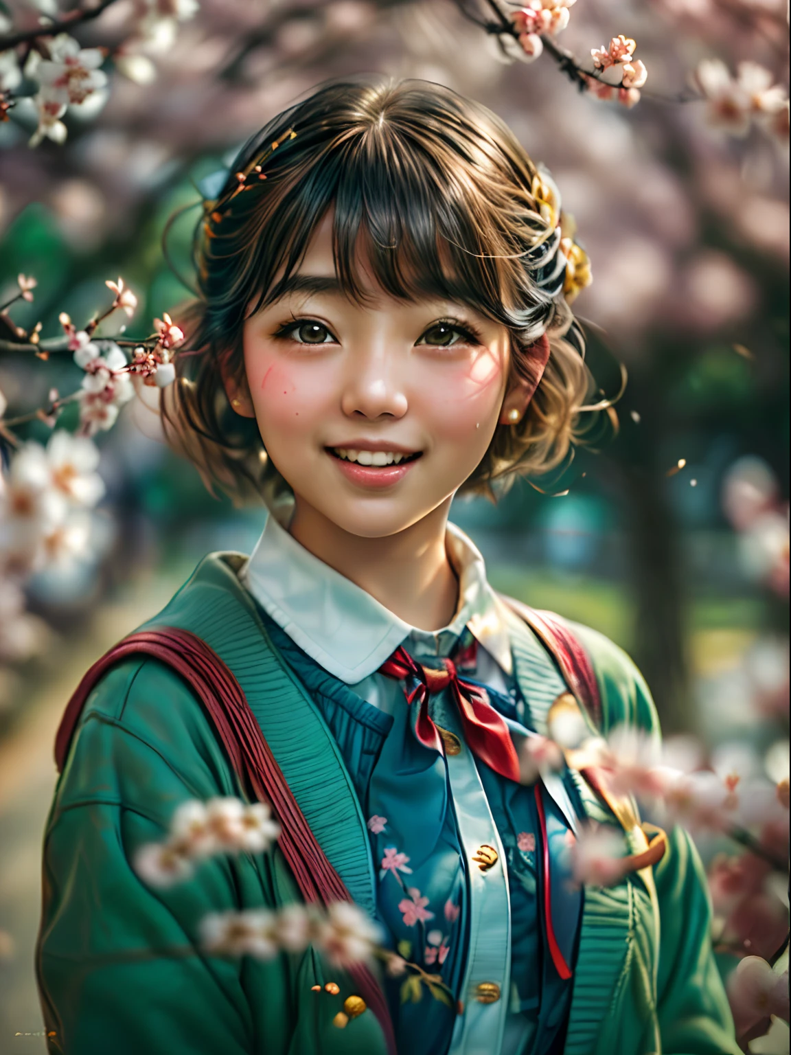 (masterpiece, high resolution:1.4), (photo of a Japanese teenage girl with short hair and honey-colored eyes:1.2), (Sony Alpha 1 camera, renowned for capturing exceptional detail and vibrant colors:1.2), (paired with the Sony FE 50mm f/1.8 lens for a focused and full-body shot:1.2), (the girl with a radiant smile and a perfectly symmetrical face:1.1), (her skin flawless and glowing in the sunlight:1.1), (Sony Alpha 1 camera capturing the intricate textures of her hair and school uniform:1.2), (dressed in a blue school uniform with a decorative red bow:1.2), (her uniform perfectly fitted and adding to her youthful charm:1.3), (standing in front of a cherry blossom tree in a park:1.2), (the cherry blossoms in full bloom, creating a picturesque and enchanting backdrop:1.1), (the sunlight filtering through the cherry blossoms, casting a warm and ethereal glow on the girl:1.3), (a sense of joy and happiness evident in her bright smile:1.3), (the photo capturing the girl's vibrant and cheerful personality:1.1), (the high-resolution photo ensuring every detail, from the girl's expression to the delicate cherry blossoms, is preserved:1.3)