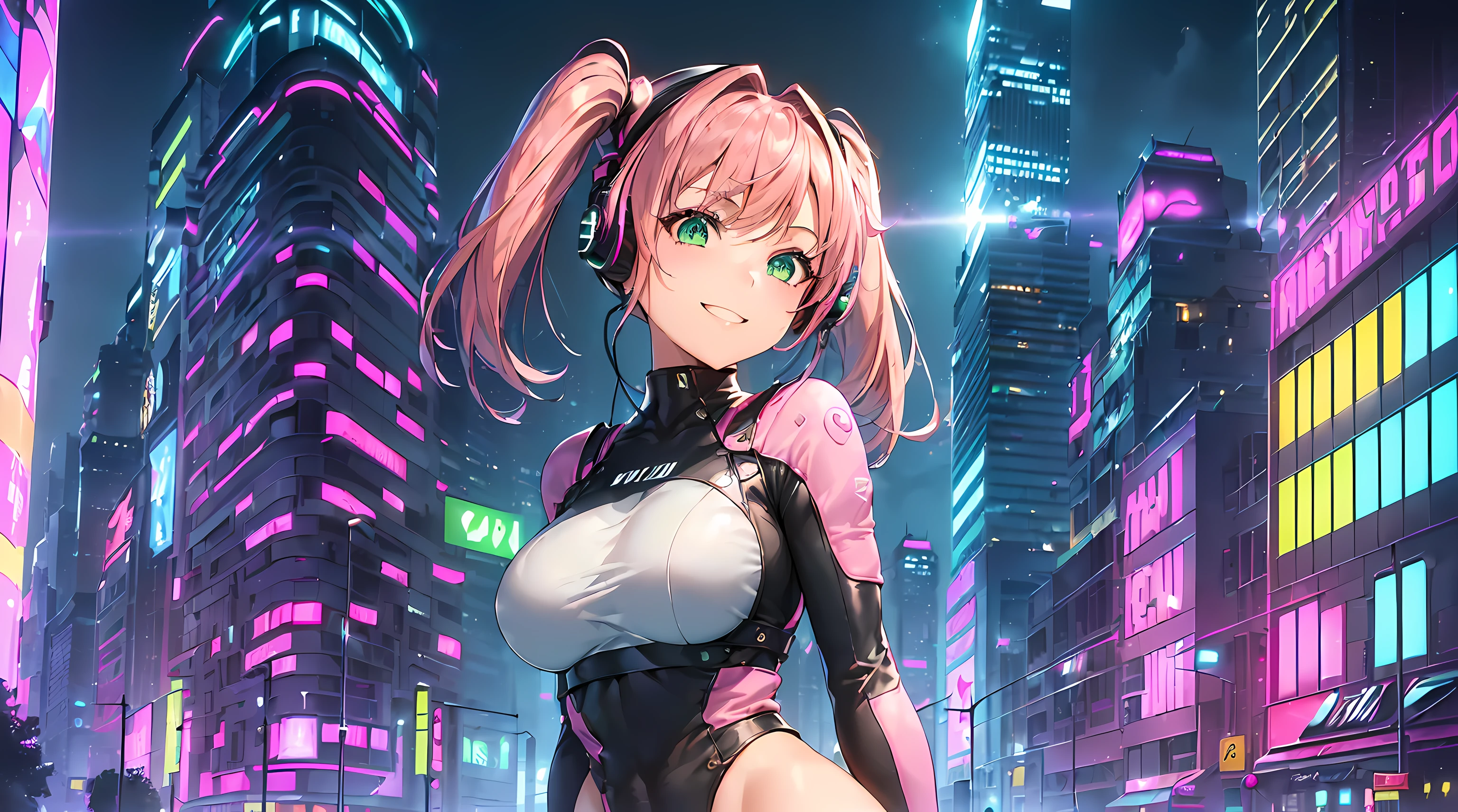 ​masterpiece, 1girl ((20year old, futuristic bodysuit, knee-high boots, medium breasts, multi-color pink hair, twin ponytails, green eyes, flirting, happy, big smile, headphones, standing in the street of a SCI-FI futuristic and modern street, towering skyscrapers, futuristic and energetic atmosphere)) ((nighttime)), high camera angle