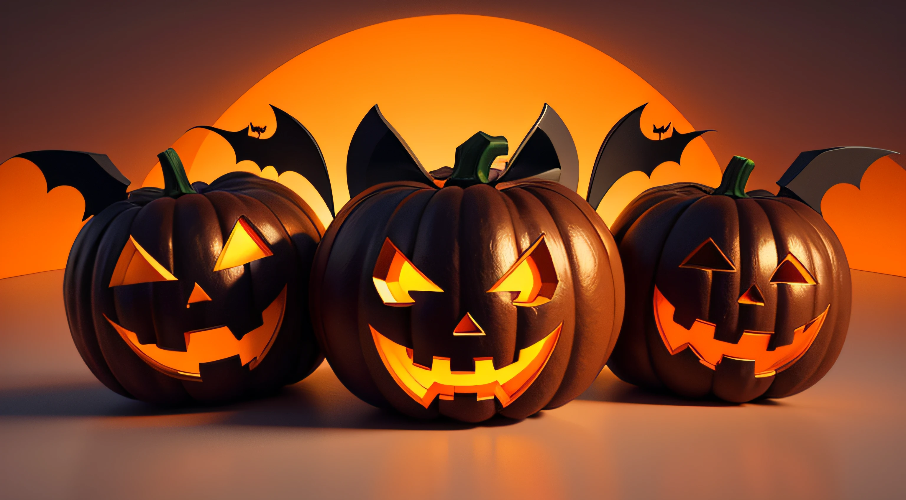 Happy Halloween banner. Festive background with realistic 3d black pumpkins with cut scary smile and flying bats. Horizontal holiday poster, header for website. Vector illustration
