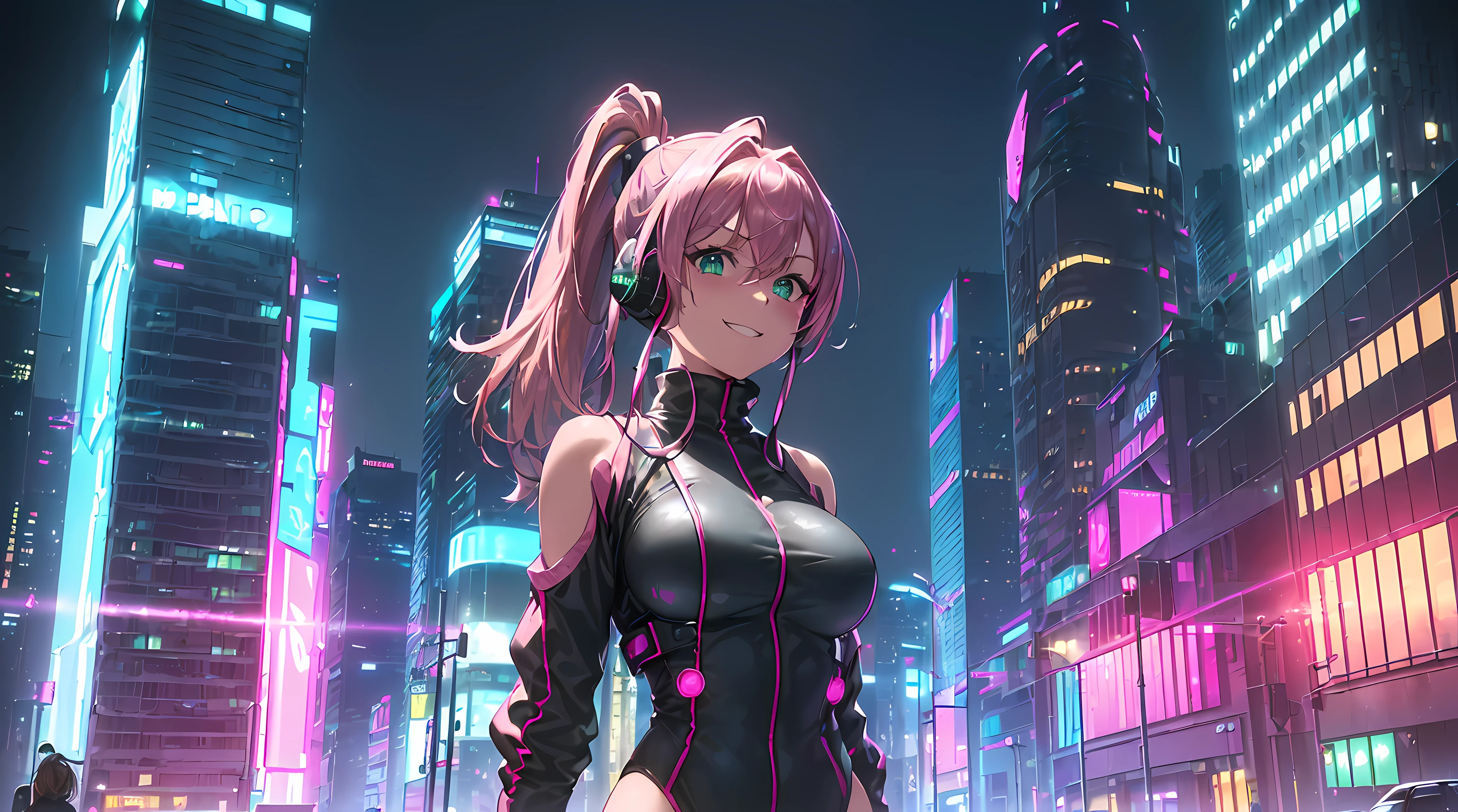 ​masterpiece, 1girl ((20year old, futuristic bodysuit, knee-high boots, medium breasts, multi-color pink hair, twin ponytails, green eyes, flirting, happy, big smile, headphones, standing in the street of a SCI-FI futuristic and modern street, towering skyscrapers, futuristic and energetic atmosphere)) ((nighttime)), high camera angle