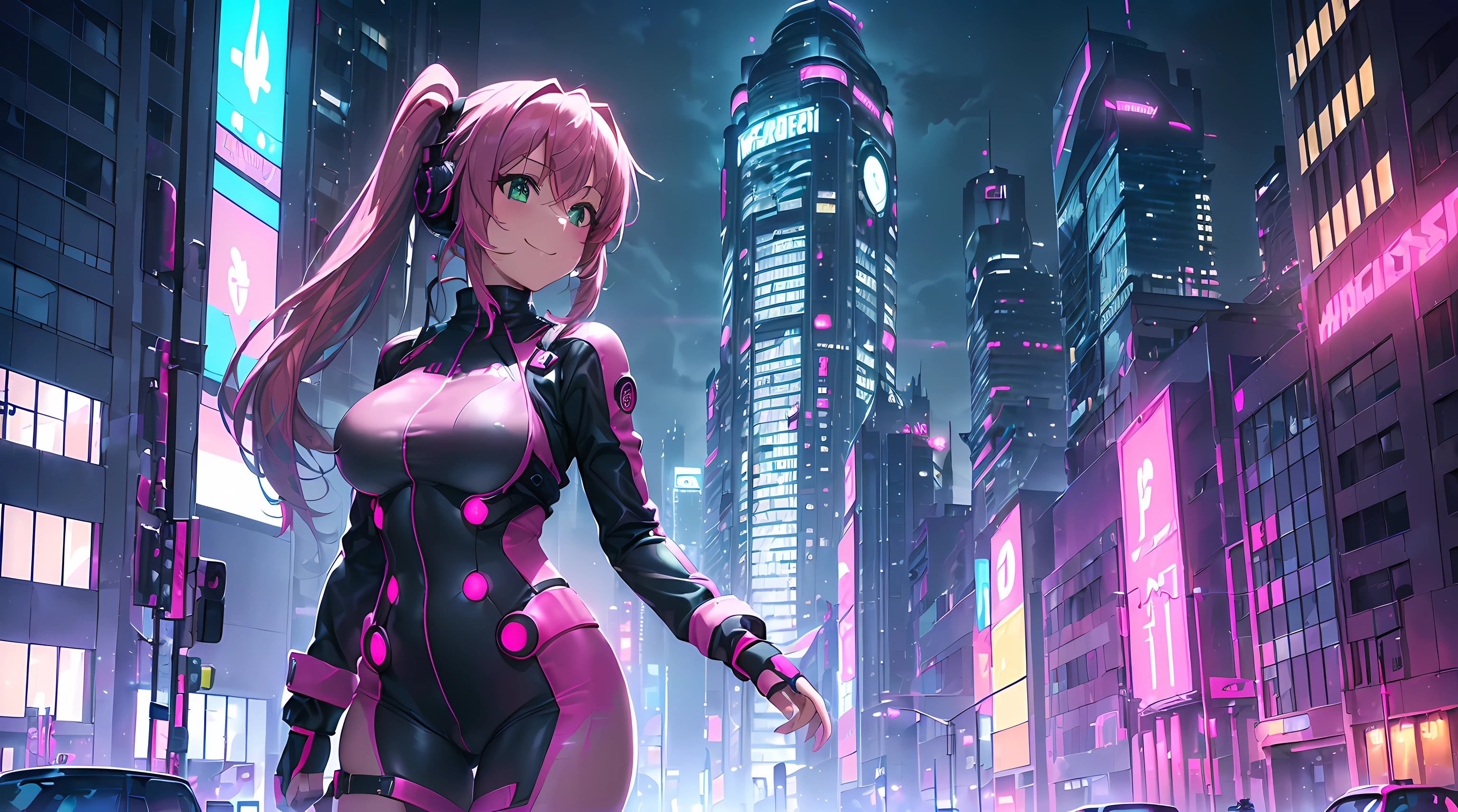 masterpiece, 1girl ((20year old, bodysuit, knee-high boots, medium breasts, multi-color pink hair, twin ponytails, green eyes, flirting, happy, big smile, looking into camera, headphones, standing in the street of a SCI-FI futuristic and modern street, towering skyscrapers, futuristic and energetic atmosphere)) ((nighttime)) ((low camera angle))