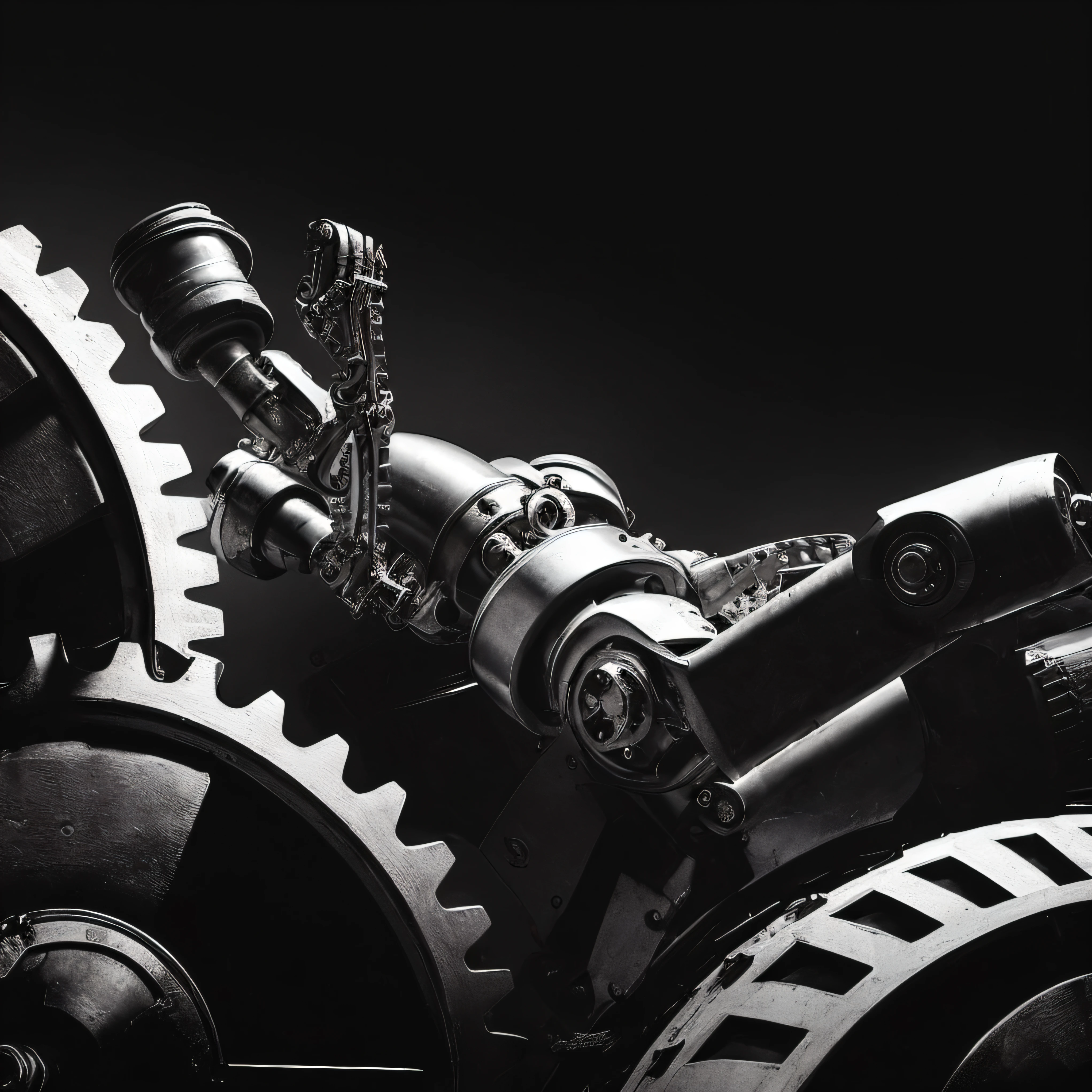 There's a black-and-white photo of a robot lying on gears, close-up of a robot sitting down, a still life of a robot, intricate mechanical body, mechanical cyborg, foto de retrato detalhada, intricate mechanical details, Mechanical science fiction, artistic work, com engrenagens e tubos, ((engrenagens)), robot photography, machanical limbs, biomechanical sculpture