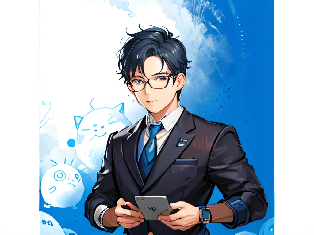 Anime characters wearing glasses and holding a suit with a tablet, official character illustration, official character art, high detailed official artwork, nerd man character portrait, Mobile game art, Range Murata and Artgerm, inspired by Victor Wang, Official illustration, offcial art, 3 d render official art, sakimichan frank franzzeta, Official concept art, Game CG