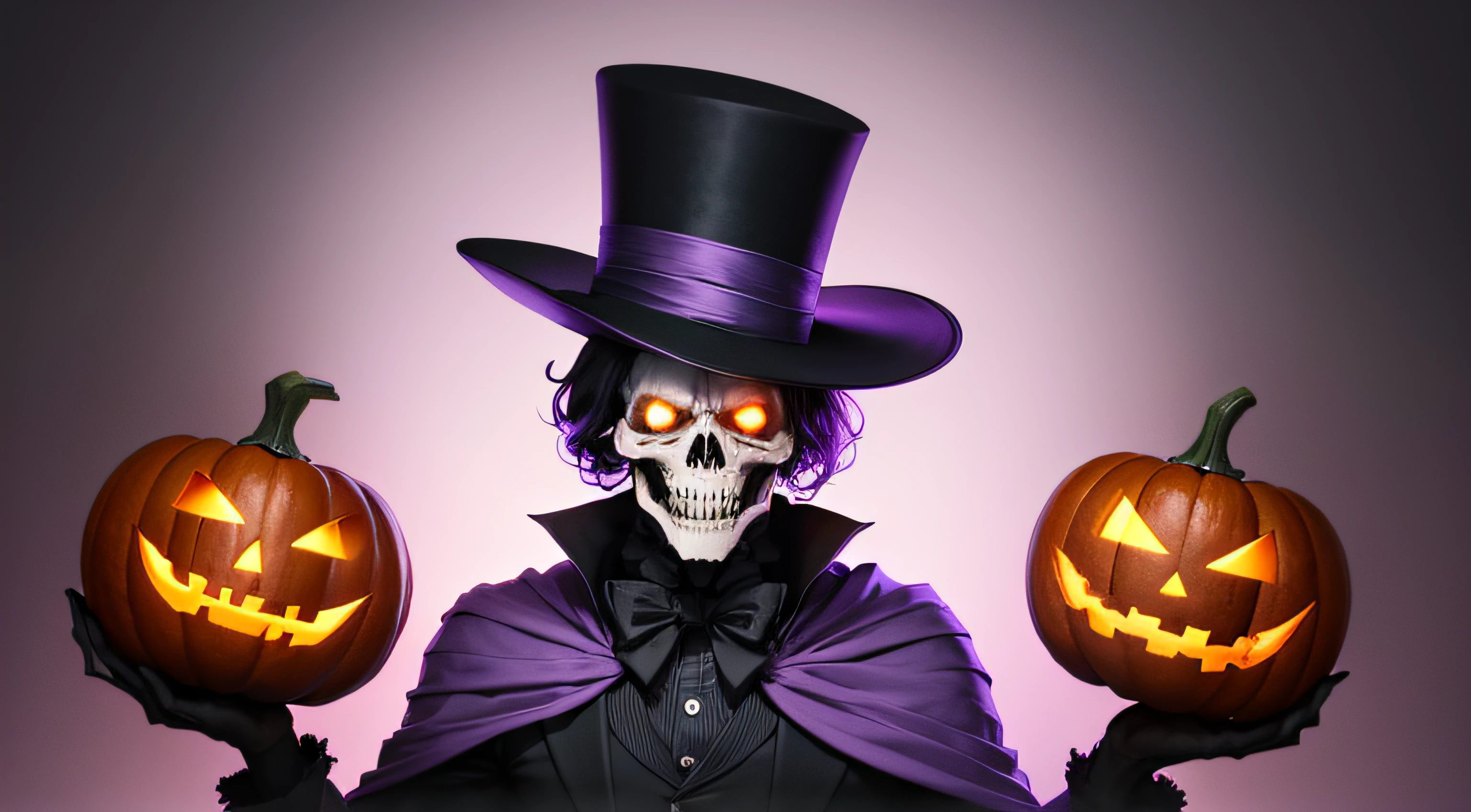 Man in Halloween costume. Skeleton in black cloak and top hat standing isolated on light purple background, holding orange jack o lantern and looking at camera with funny surprised face expression