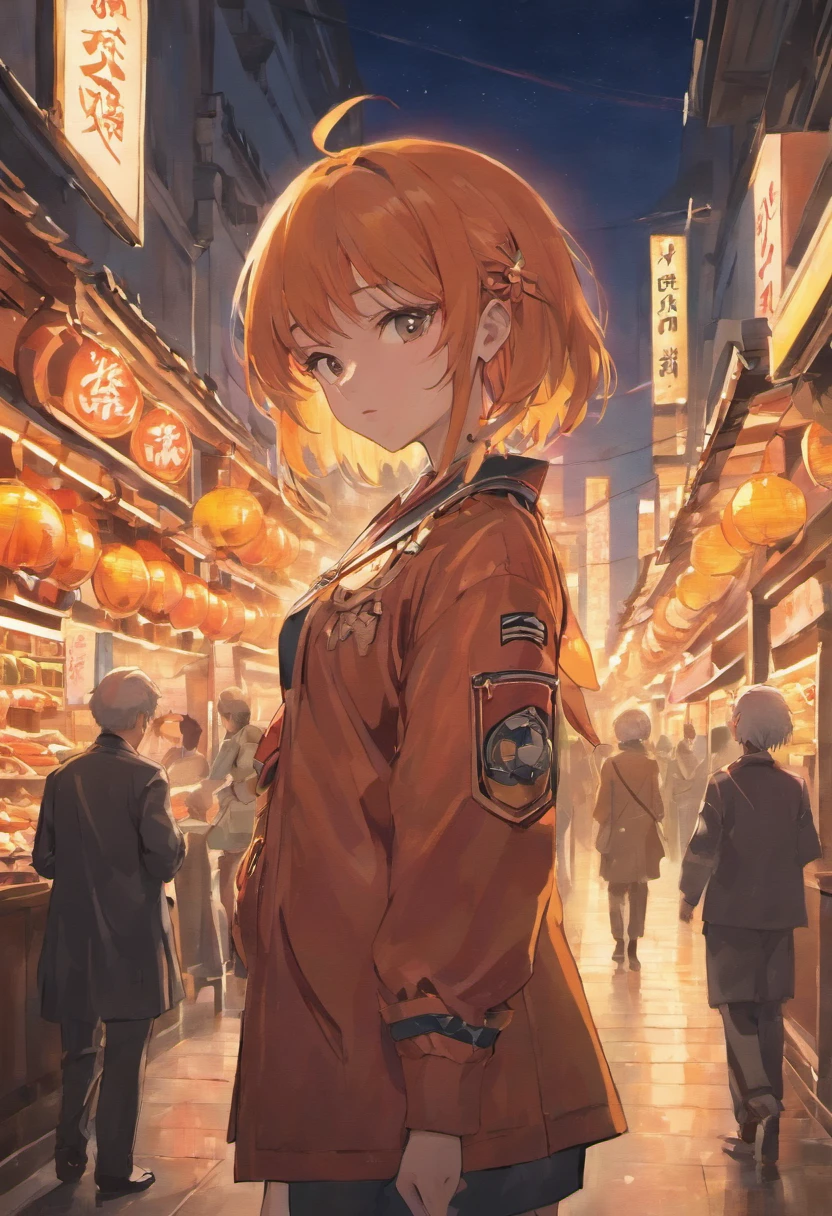 Dim orange moonlight,Dim orange neon lighting,Night,Beautiful woman in uniform in the bustling streets of Gintama, Surrounded by vendors, Beautiful portrait of a stunning goddess girl, beautifull detailed face, Porcelain Skin, Full body shot, Centered, ultra soft lighting, symmetry, Convoluted, Elegant, Highly detailed, Photorealistic, art stations, Concept art, Smooth, as imagined by greg rutkowski and borris vallejo, cover, Vogue style