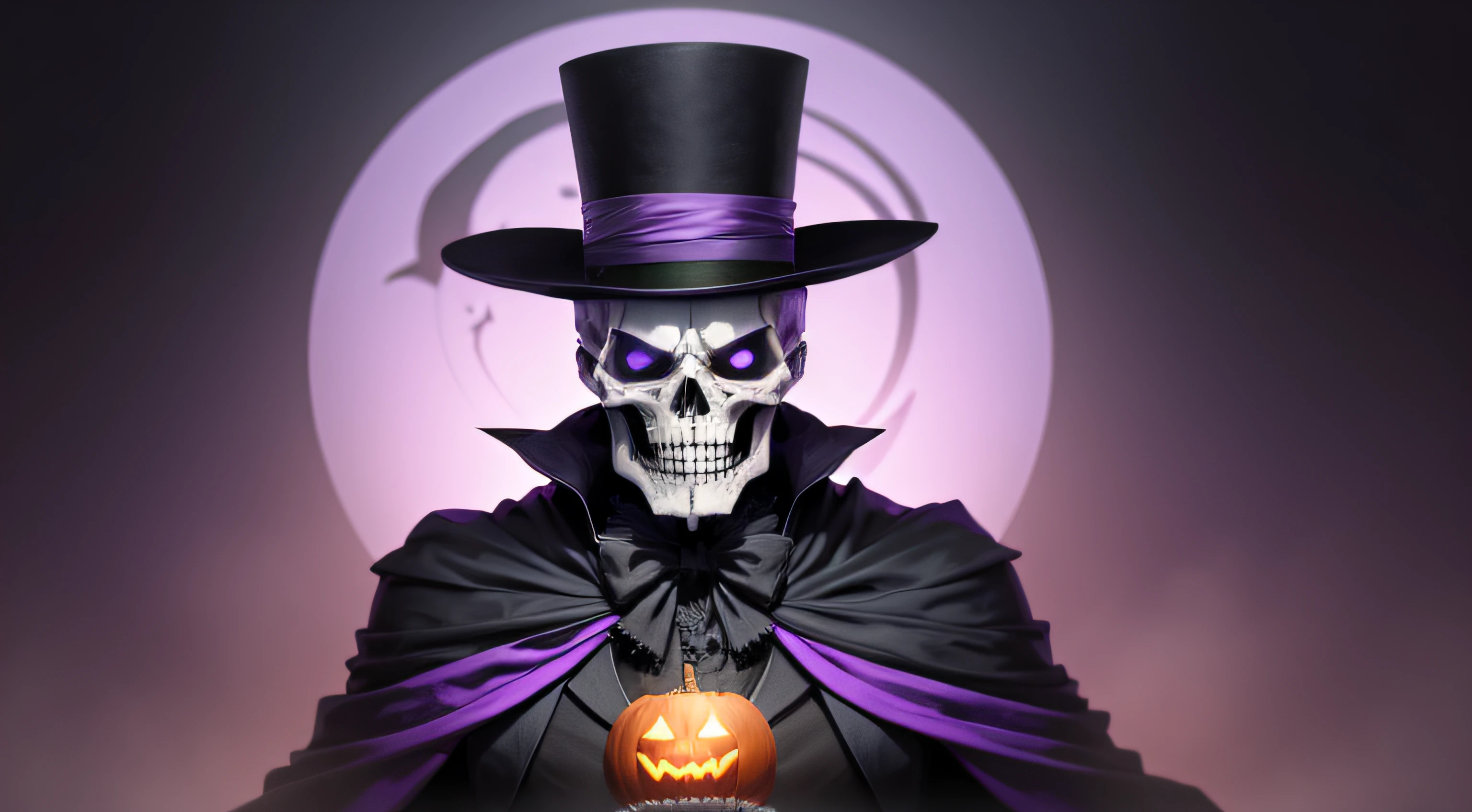 Man in Halloween costume. Skeleton in black cloak and top hat standing isolated on light purple background, holding orange jack o lantern and looking at camera with funny surprised face expression