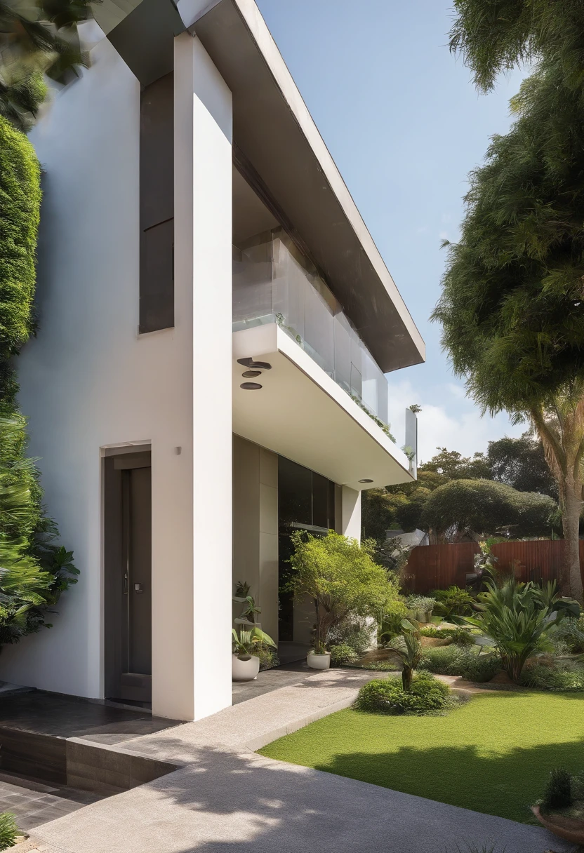 take a realistic photograph of a Brazilian upper middle class house with a beautiful landscaped garden, photo taken 6 meters away from the house, diffuse daylight lighting, perfect details, ultra realistic, 16k, nikon d5600 camera