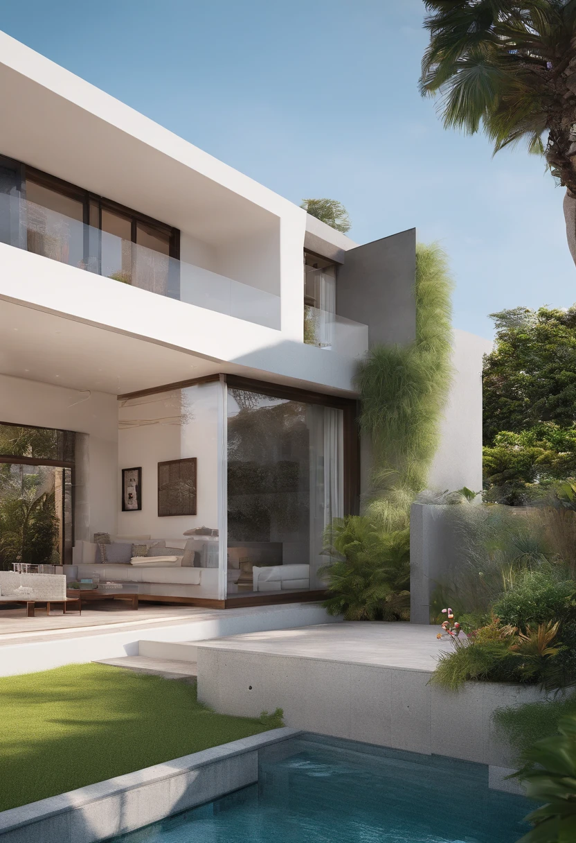 take a realistic photograph of a Brazilian upper middle class house with a beautiful landscaped garden, photo taken 6 meters away from the house, diffuse daylight lighting, perfect details, ultra realistic, 16k, nikon d5600 camera