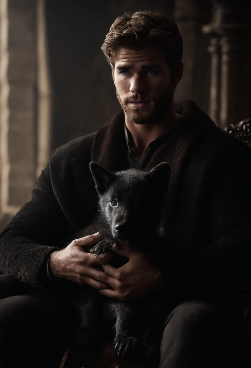 young liam hemsworth in game of thrones, holding a baby black wolf.