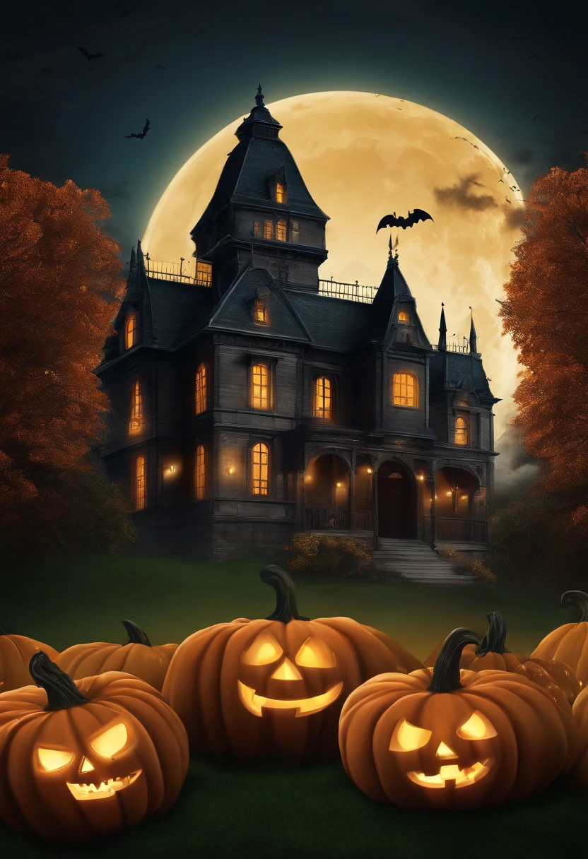 Halloween night scene with a spooky castle and pumpkins, scary magical background, Noite assustadora de Halloween, estilo de arte de dia das bruxas, Tema assustador de Halloween, cena de dia das bruxas, Noite de Halloween, tema dia das bruxas, halloween celebration, Atmosfera de Halloween, spooky mansion, Artwork, arte de fundo, arte detalhada assustadora em cores, noite assustadora, Shutterstock, atmosfera assustadora e assustadora, fundo assombrado, dia das bruxas, haunted house themed