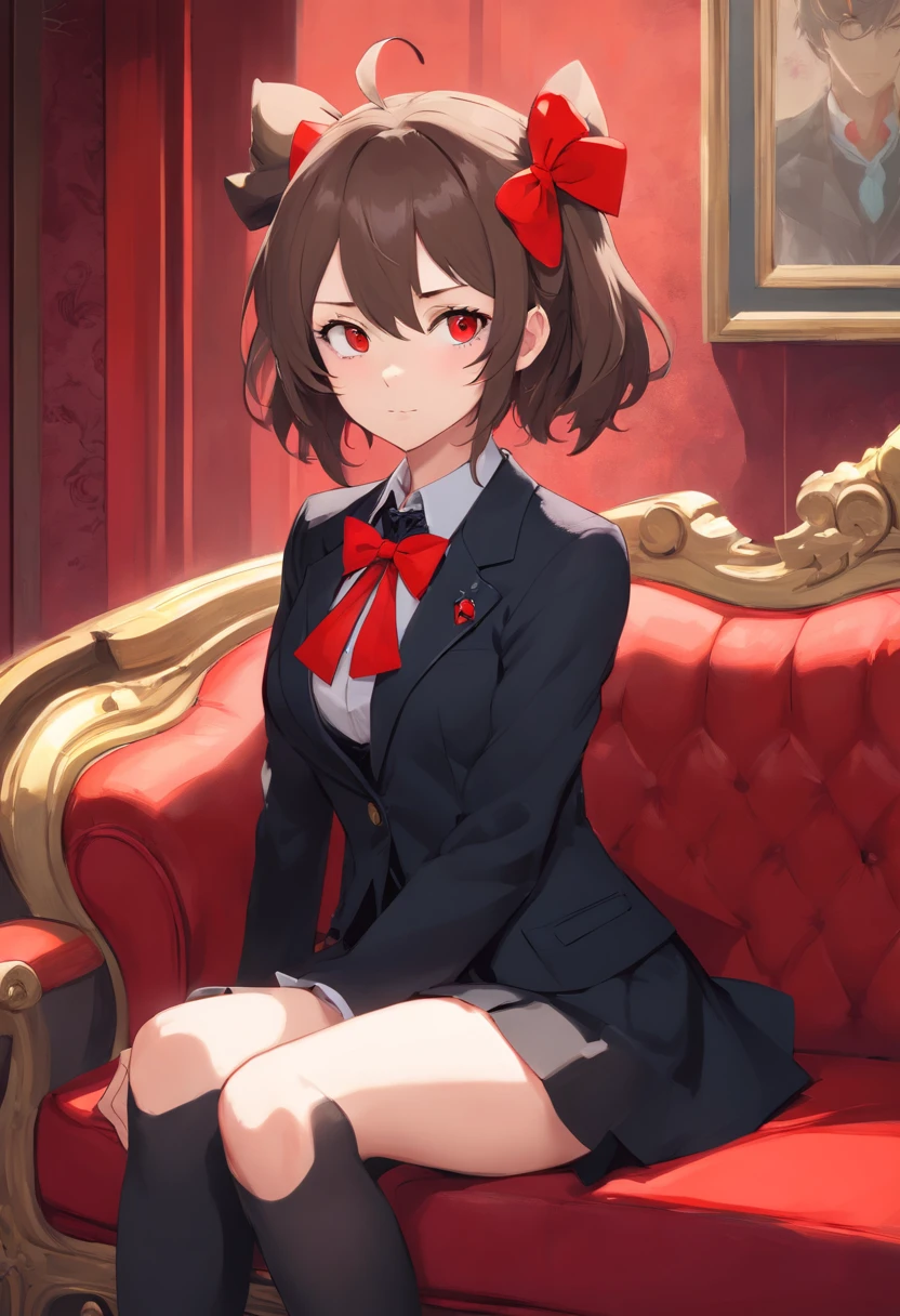 Anime girl in a black suit and red bow tie sitting on a red sofa, anime moe artstyle, ig studios estilo anime, Kagamine Rin, trending on artstation pixiv, pixiv 3dcg |, menina vampiro, feito com anime painter studio, splash arte anime loli, de meninas da linha de frente, Persona 5 Estilo Arte wlop, O vampiroo