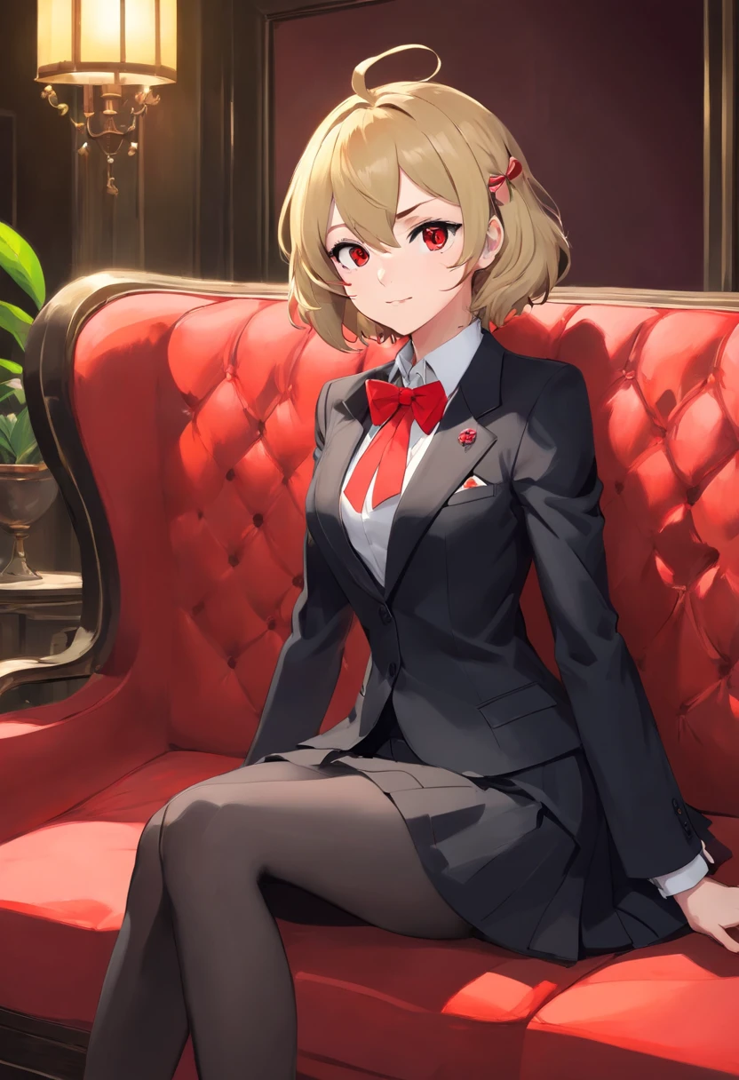 Anime girl in a black suit and red bow tie sitting on a red sofa, anime moe artstyle, ig studios estilo anime, Kagamine Rin, trending on artstation pixiv, pixiv 3dcg |, menina vampiro, feito com anime painter studio, splash arte anime loli, de meninas da linha de frente, Persona 5 Estilo Arte wlop, O vampiroo