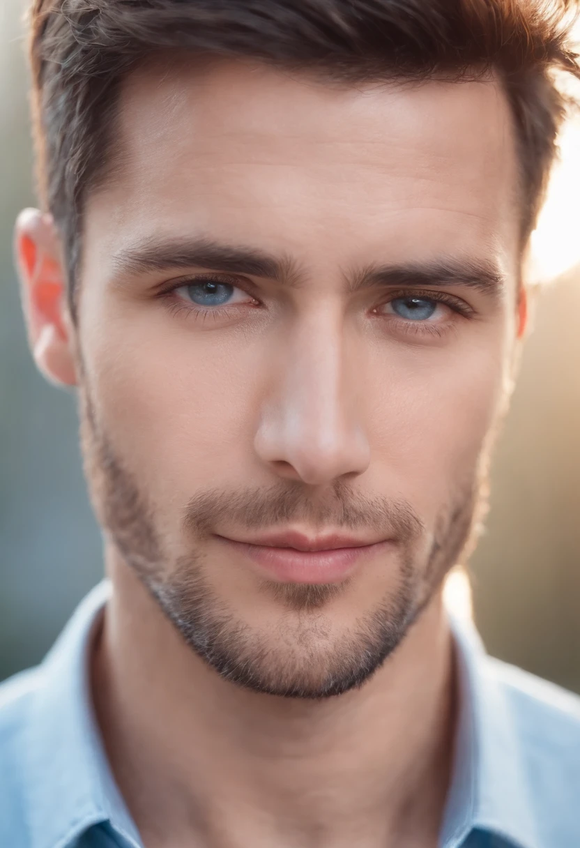 Portrait of handsome 30-year-old man round face cinematic appearance、Chemise bleu clair avec col