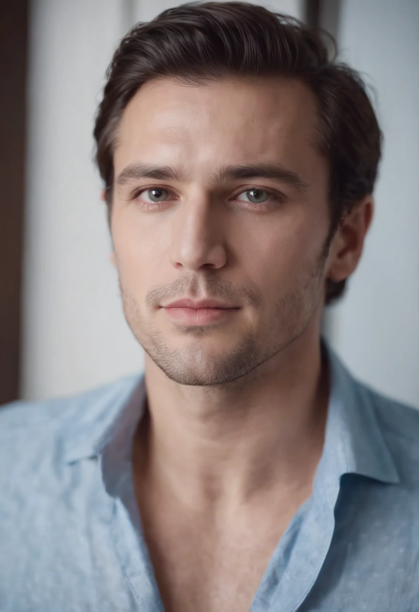 Portrait of handsome 30-year-old man round face cinematic appearance、Chemise bleu clair avec col