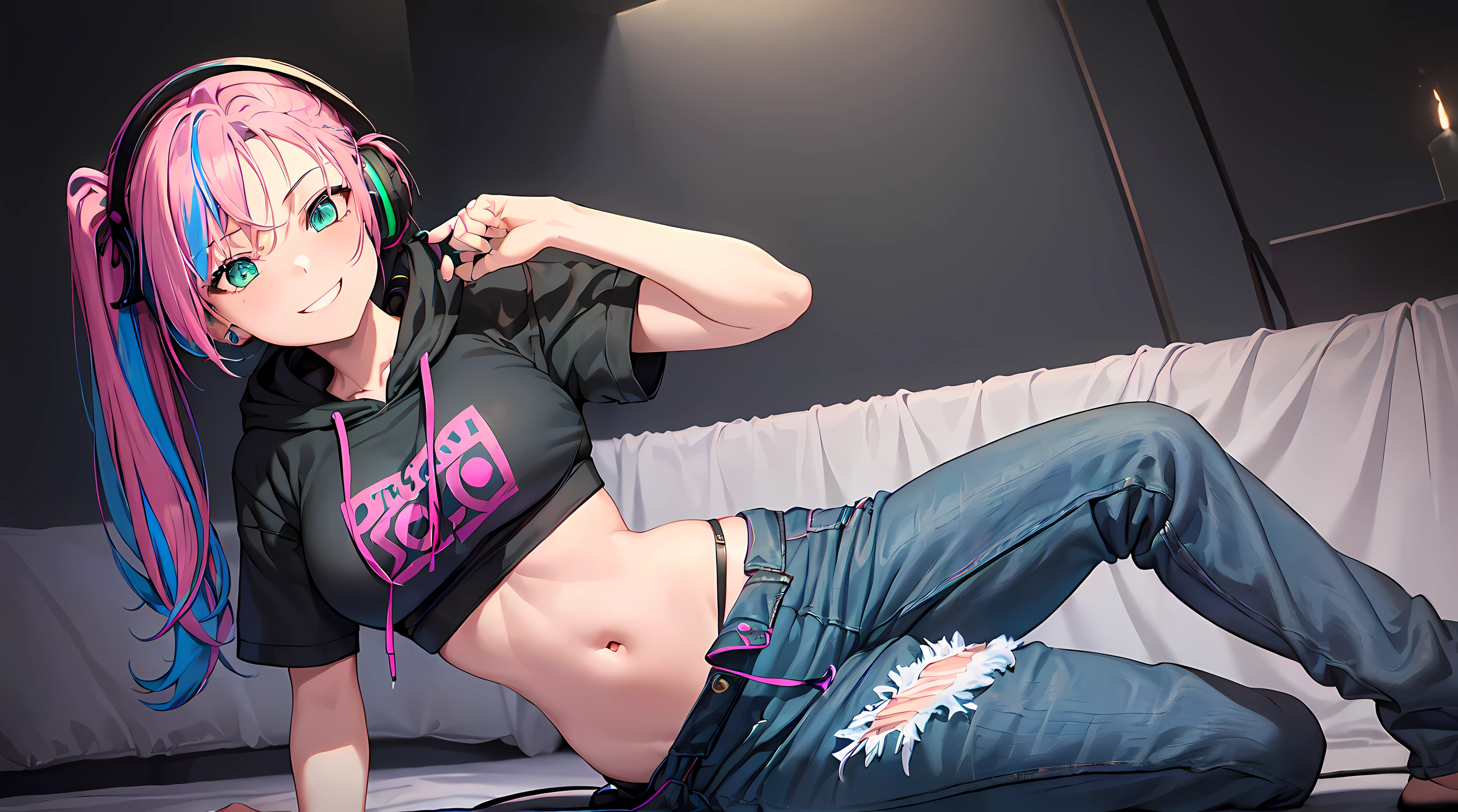 masterpiece, 1girl ((20year old, Black short sleeve hoodie exposes navel, tight blue jeans, medium breasts, multicolor pink hair, twin ponytails, green eyes, flirting, happy, big smile, headphones, sitting on a bed, dark and spooky night atmosphere)), ((nighttime))