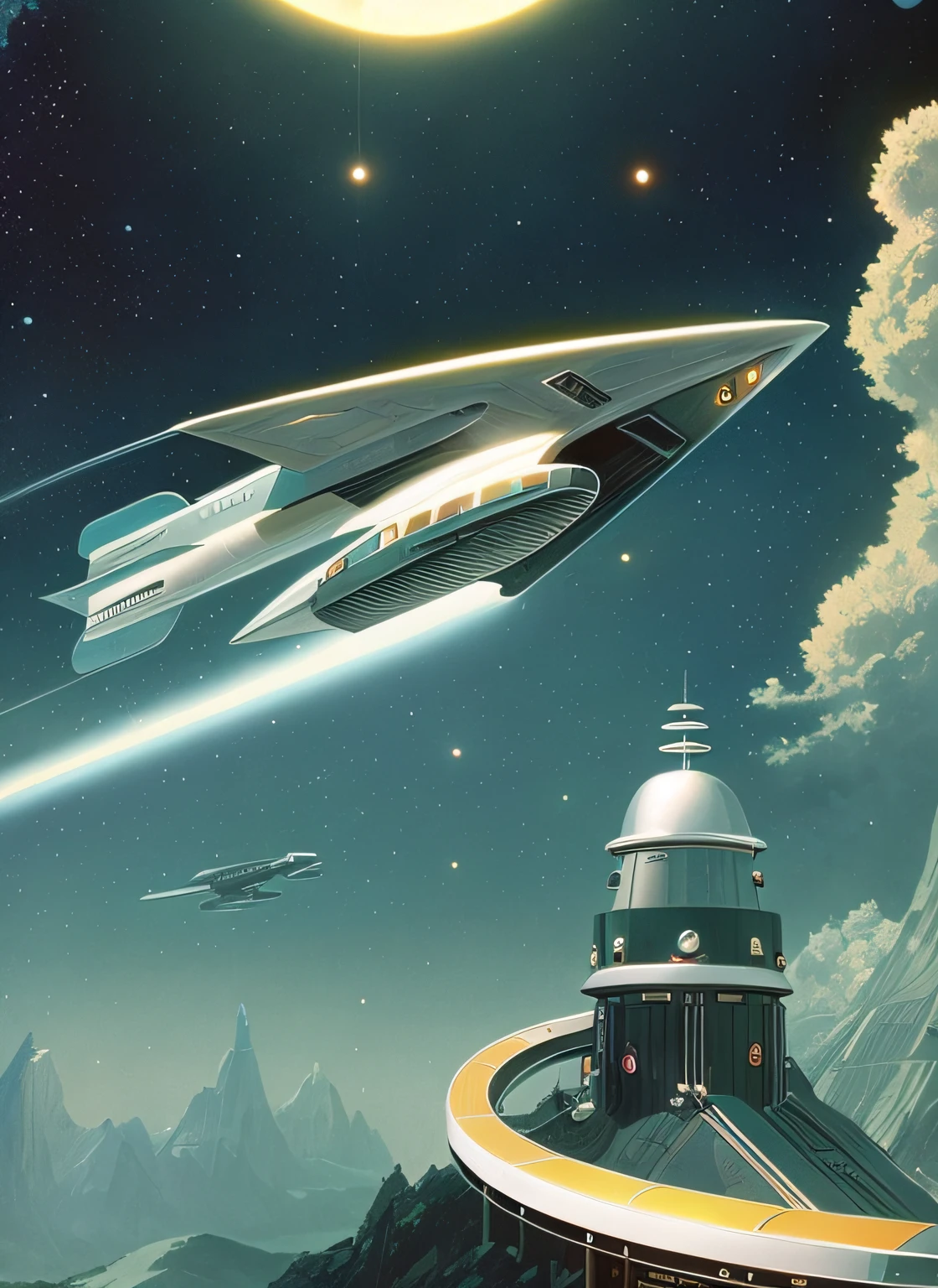pintura de uma cidade futurista com um trem e uma nave espacial, Vintage Sci - Arte de Fi., Retro - Futurism, retrofuturismo, pintura de nave espacial ornamentada, retro futurism, retro art futurism, retro futurism 1 9 5 0 s, retro sci - fi art, Retro 1 9 6 0 S Sci - Art of Fi., small retro starship in the sky, retro futuristic illustration