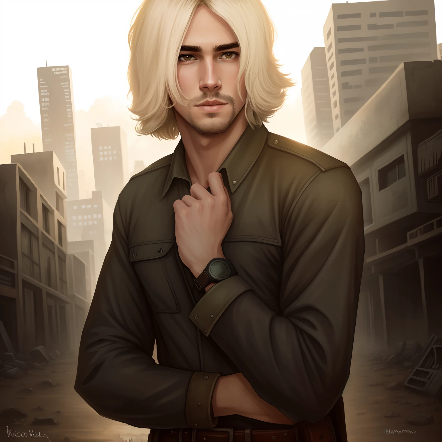 Hand-drawn style, Beautiful Anime, Brutal Man, Man in the Clothes of the Wasteland, long haircut, pale skin, shapely body, background is city ruins, (higly detailed), 8K UHD, dslr, soft-lighting, hiquality, Film grain, stylish