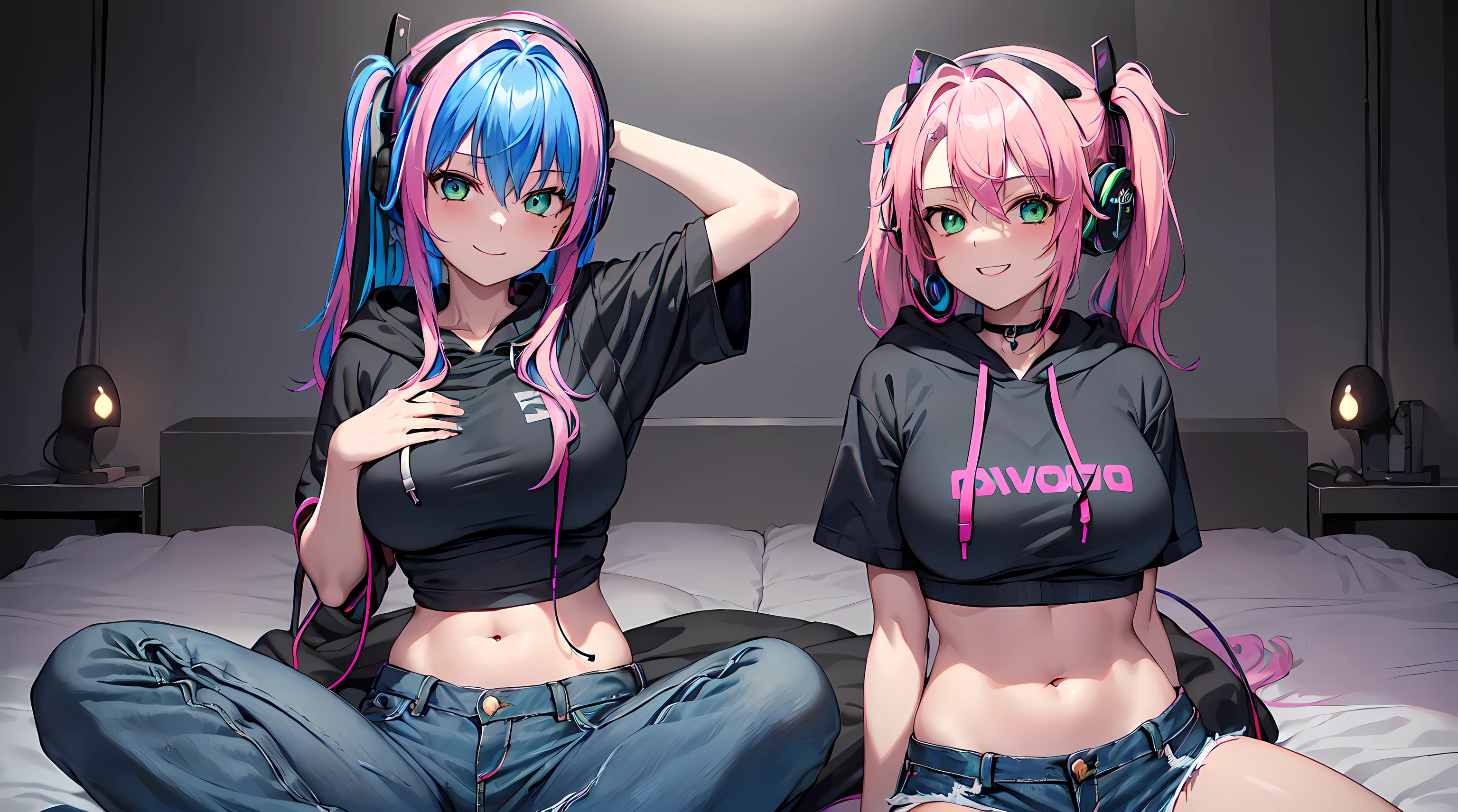 ​masterpiece, 1girl ((20year old, Black short sleeve hoodie exposes navel, tight blue jeans, medium breasts, multicolor pink hair, twin ponytails, green eyes, flirting, happy, big smile, headphones, sitting on a bed, dark and spooky night atmosphere)), ((nighttime))