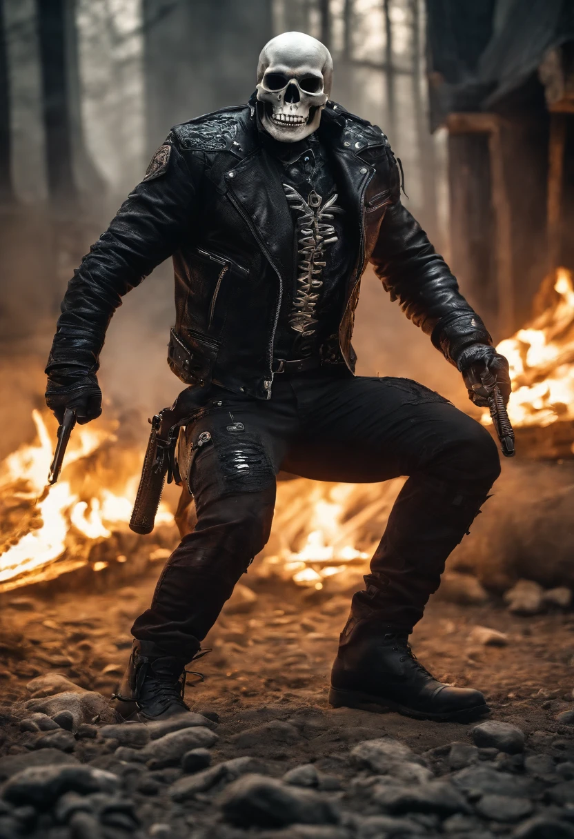 (RAW Photo, Best Quality), (Realistic, Photorealistic Photo: 1.3), Best Quality, Highly Detailed, Masterpiece, Ultra Detailed, Illustration, ghost rider, burning skull, black ripped jacket, ripped black jeans, black shoes, epic background, standing like ghost rider, upper body, ghost riders costume, Best Quality, Extremely Detailed CG Unified 8k Wallpaper, Ink, Amazing, badass look, portrait, close up (skull texture), intricately detailed, fine details, hyperdetailed.