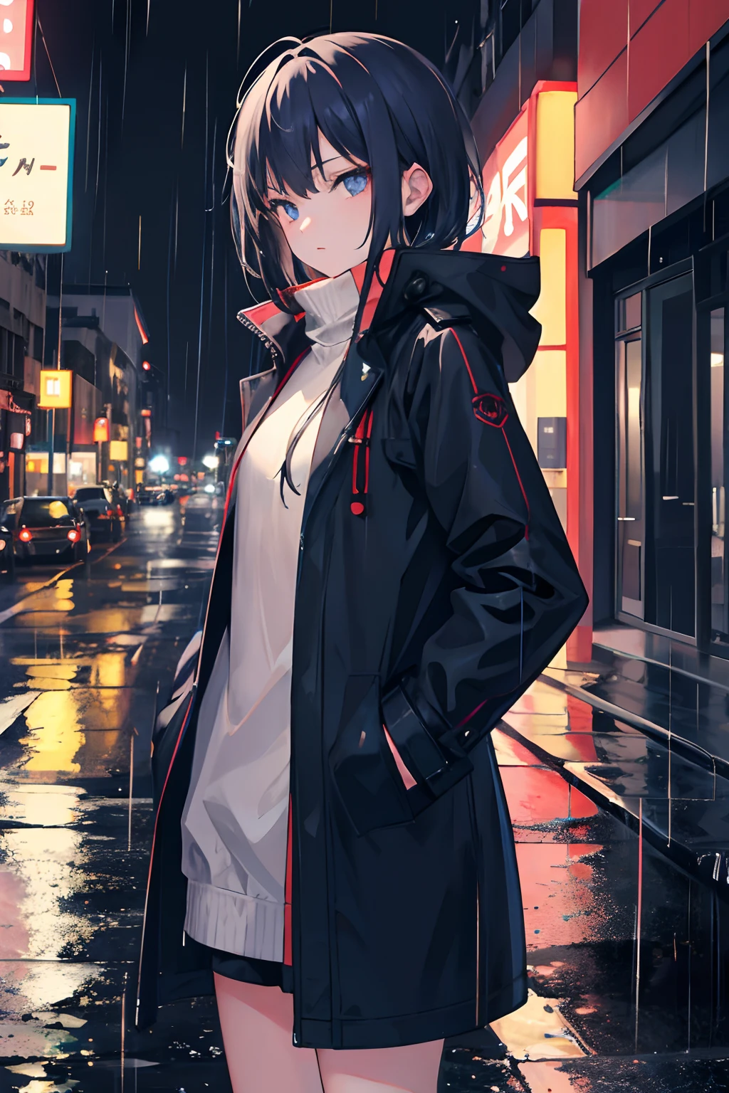 1 girl, night city, rain, coat, hands in pockets