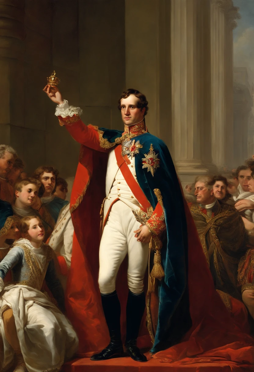 Painting of a man holding a crown in front of a crowd of people, celebrando um rei sendo coroado, napoleonic, coronation, french emperor, monarquia, granting him a noble title, napoleon, Culto ao Papa, usando uma coroa, jacques - louis david, vestindo um manto real, dressed like napoleon bonaparte, Reis antigos em vestes brancas --auto
