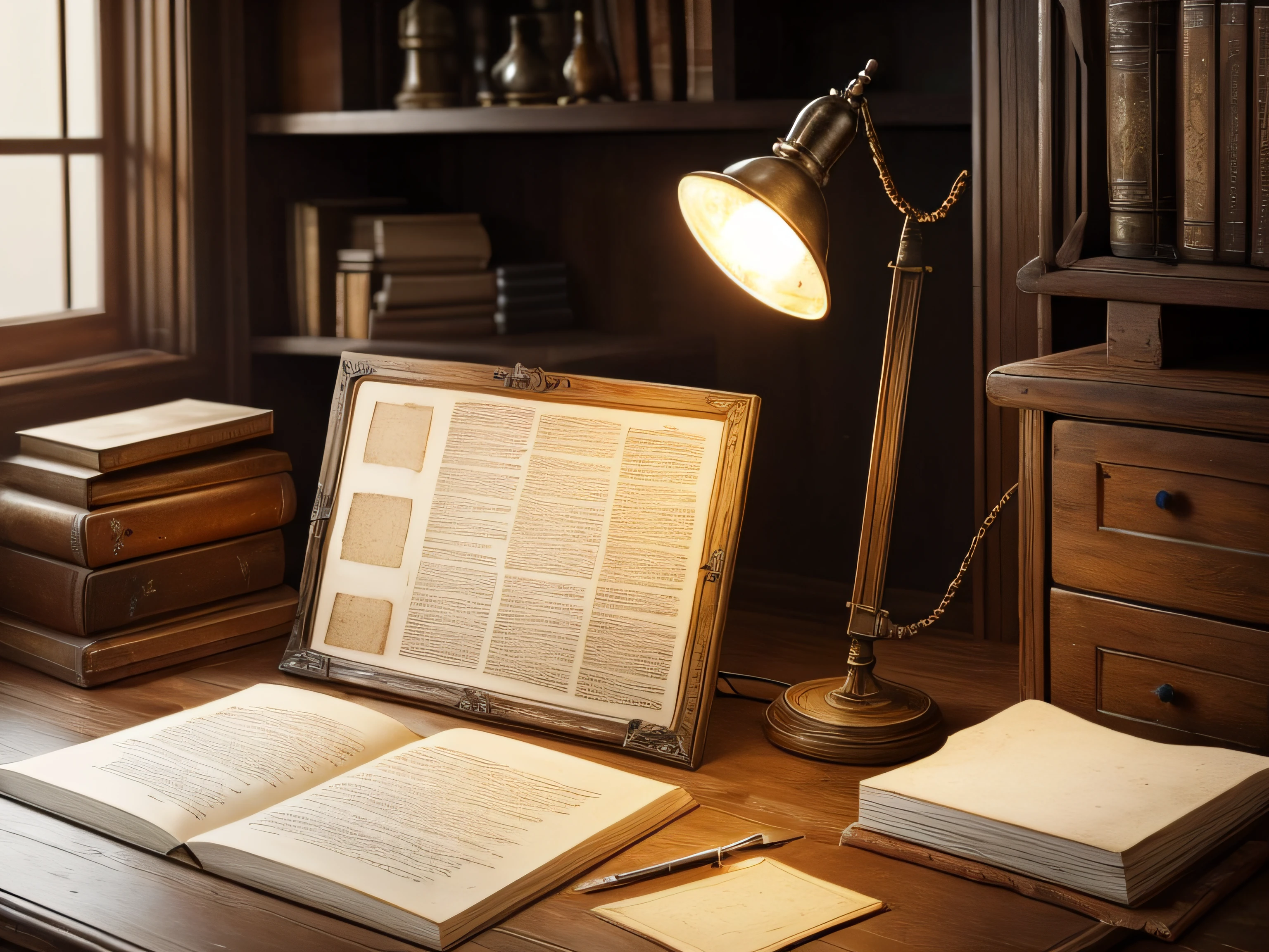 best quality,ultra-detailed,beautiful detailed table,old,antique,high-resolution,aged parchment paper,ripped edges,pin holes,study materials,typographic fonts,scattered ink bottles,ink stains,quill feathers,antique desk lamp,vintage atmosphere,soft warm lighting