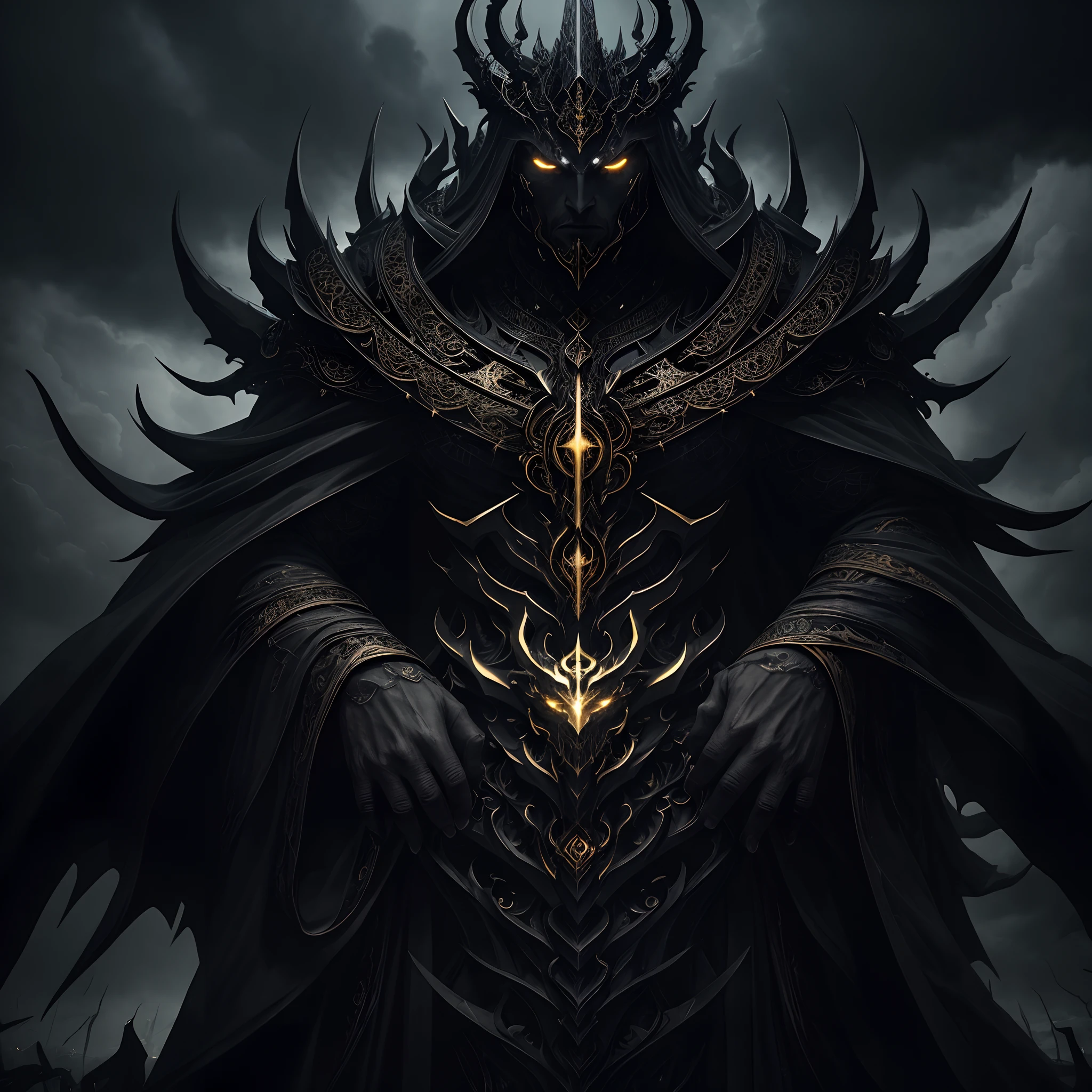 (best quality,4k,8k,highres,masterpiece:1.2),ultra-detailed,realistic,menacing god,dark atmosphere,ominous presence,striking eyes and features,mysterious aura,dramatic lighting,foreboding background,demonic elements,detailed textures,sinister vibes,creepy appearance,majestic and powerful,ominous clouds,subtle shadows,intense expression,menacing deity,haunting and eerie,cosmic power,otherworldly energy,black and gold color scheme,disturbing yet captivating,divine being,commanding posture,ominous whispers,extraordinary attention to details,supernatural strength,imposing figure,evil divine,ominous deity,ethereal and enigmatic,dark and twisted,awe-inspiring presence