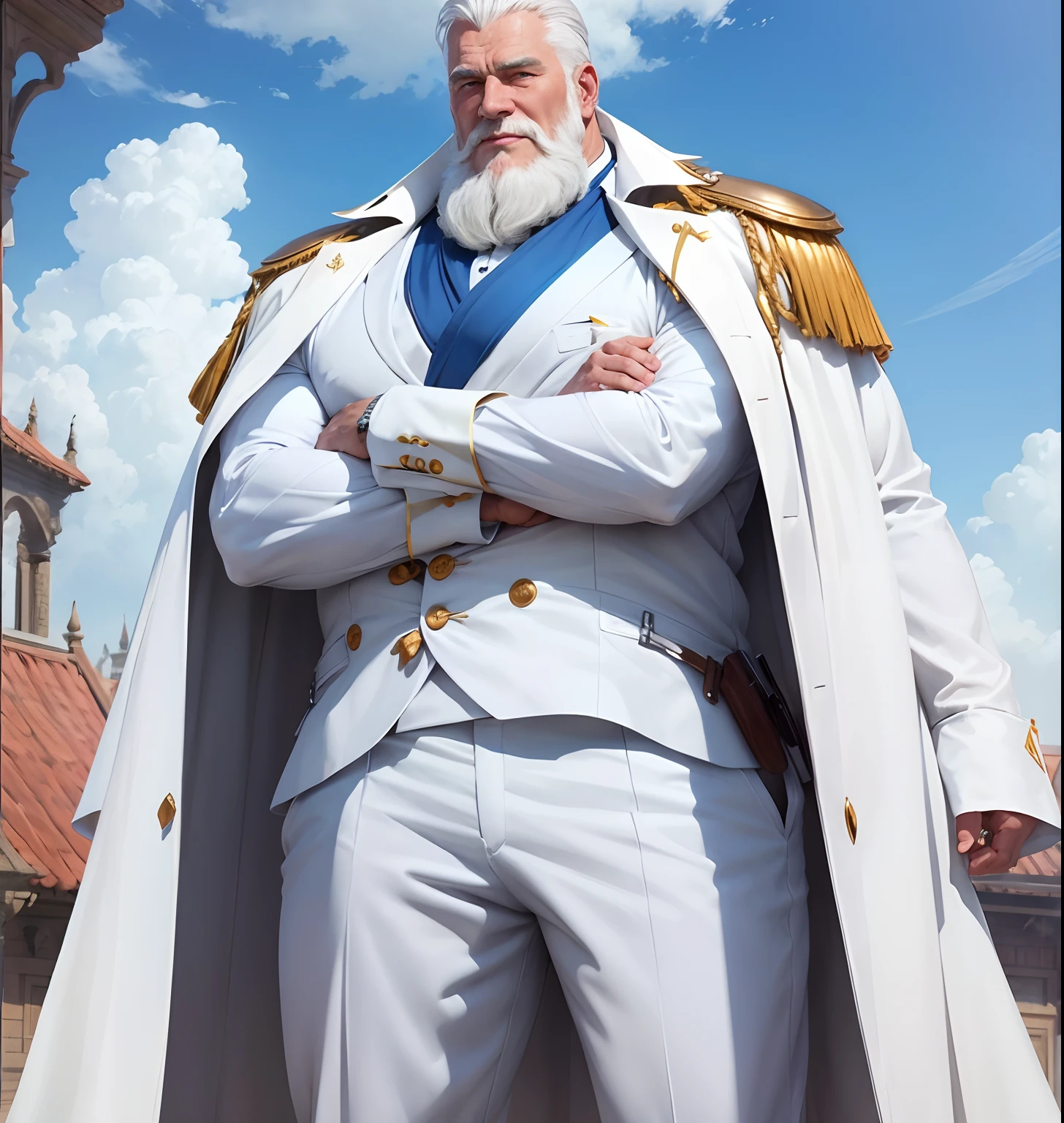 Big old man with white Clothes, charismatic, Big Man,perfect body, sixpack,standing, Smile,Blue sky, Amazing, Best quality, masterpiece, realistic, 8k resolution