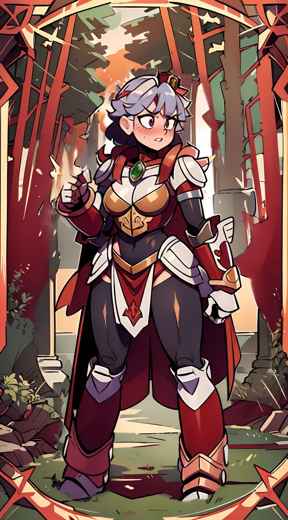 (best quality, masterpiece:1.2), Ryuko Matoi wearing armor, ultra-detailed, realistic, heavily armored, gauntlets holding skirt, encased in knight armor, small-chestplate, red gauntlets holding dress, mechsuit hands, steel-grey plating, intricate armor detailing, polished metal textures, powerful grip, mechanical gauntlets, intricate joint mechanisms, articulated fingers, luxurious purple fabric, flowing gown, holding dress, vibrant red and white dress, elegant folds, rich silver embroidery, regal attire, royal purple accents, ornate red and silver embellishments, majestic crown, shining red gemstones, imposing stature, majestic stance, formidable presence, dramatic lighting, spotlight, soft shadows, dramatic shadows, dynamic composition, intense colors, slightly muscular, bulky armor, chest adorned with gemstones, Ryuko Matoi's face, flustered and embarrassed.
