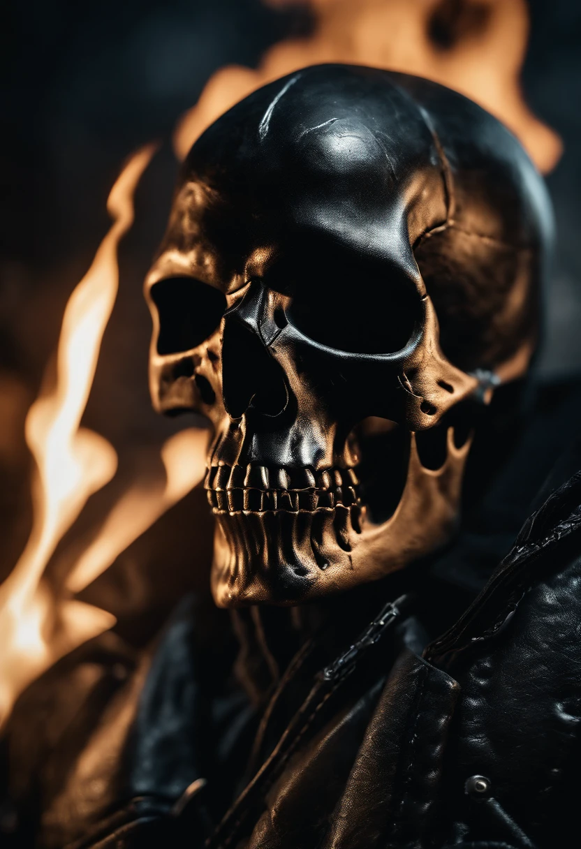 (RAW Photo, Best Quality), (Realistic, Photorealistic Photo: 1.3), Best Quality, Highly Detailed, Masterpiece, Ultra Detailed, Illustration, ghost rider, burning skull, black ripped jacket, ripped black jeans, black shoes, epic background, standing like ghost rider, upper body, ghost riders costume, Best Quality, Extremely Detailed CG Unified 8k Wallpaper, Ink, Amazing, badass look, portrait, close up (skull texture), intricately detailed, fine details, hyperdetailed.